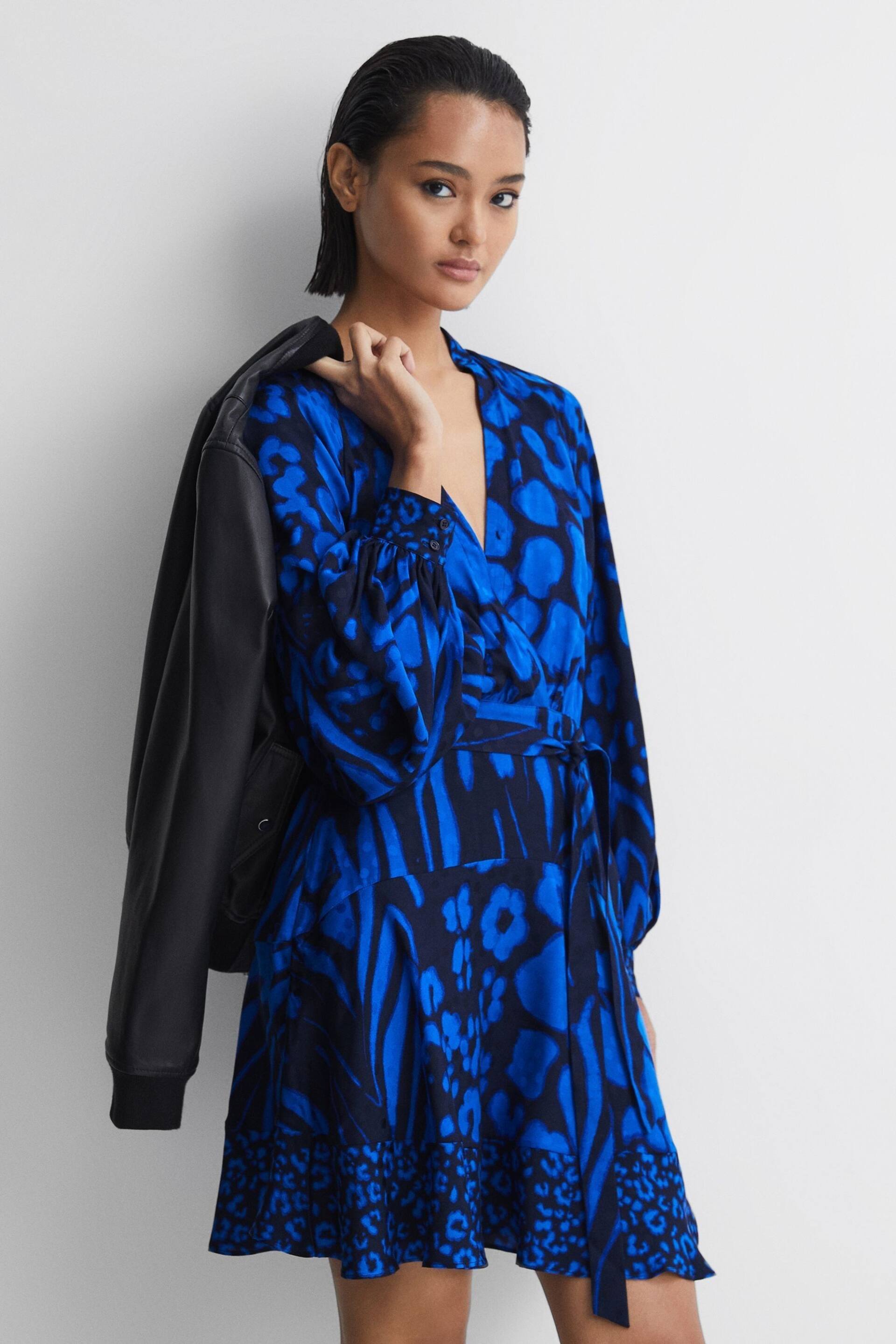 Reiss Blue/Navy Kerri Printed Blouson Sleeve Dress - Image 1 of 5