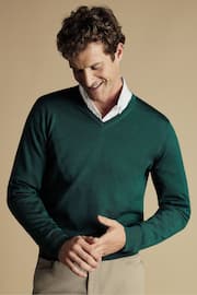 Charles Tyrwhitt Green Pure Merino V-Neck Jumper - Image 1 of 5