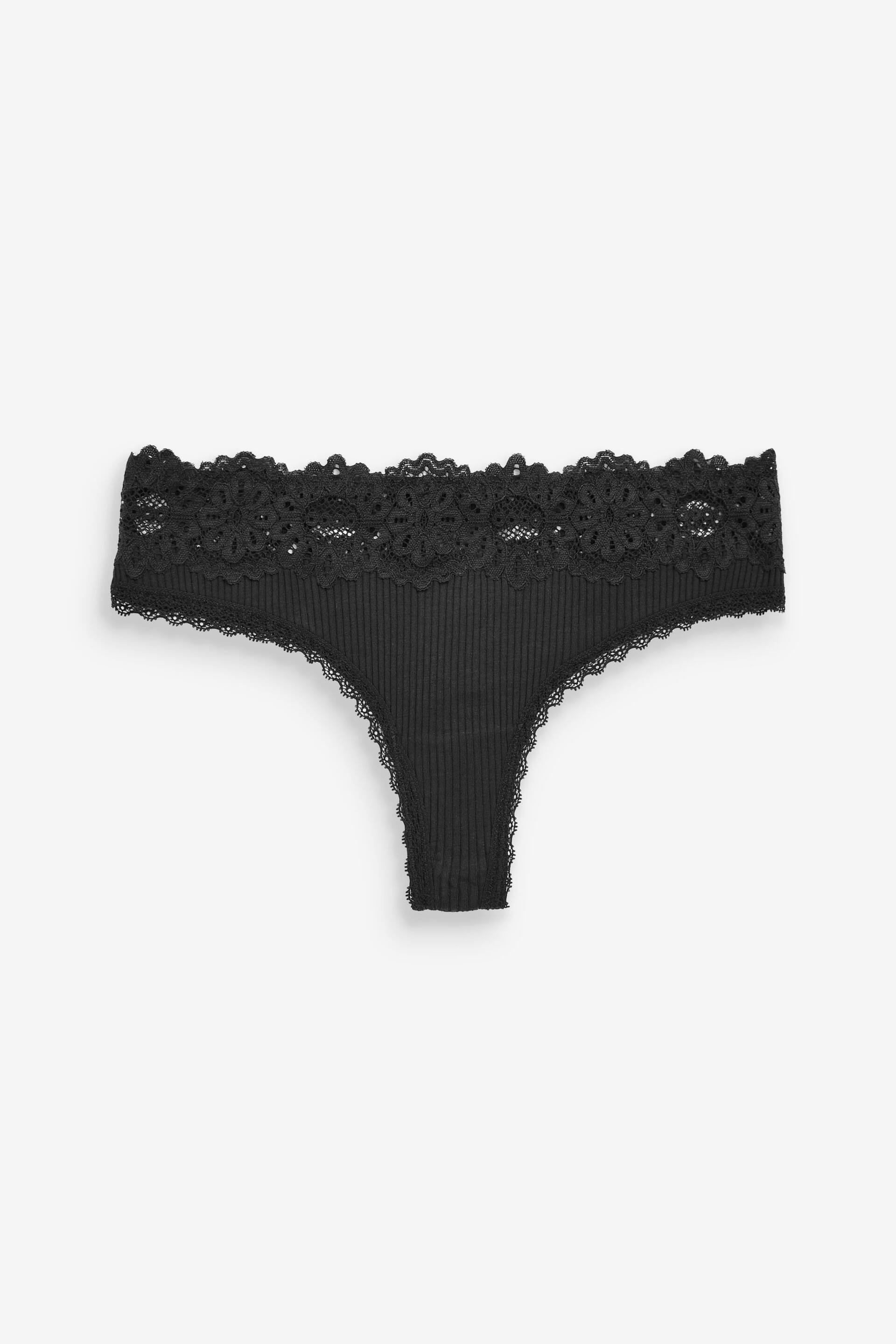 Black Thong Lace Top Rib Knickers 3 Pack - Image 7 of 8