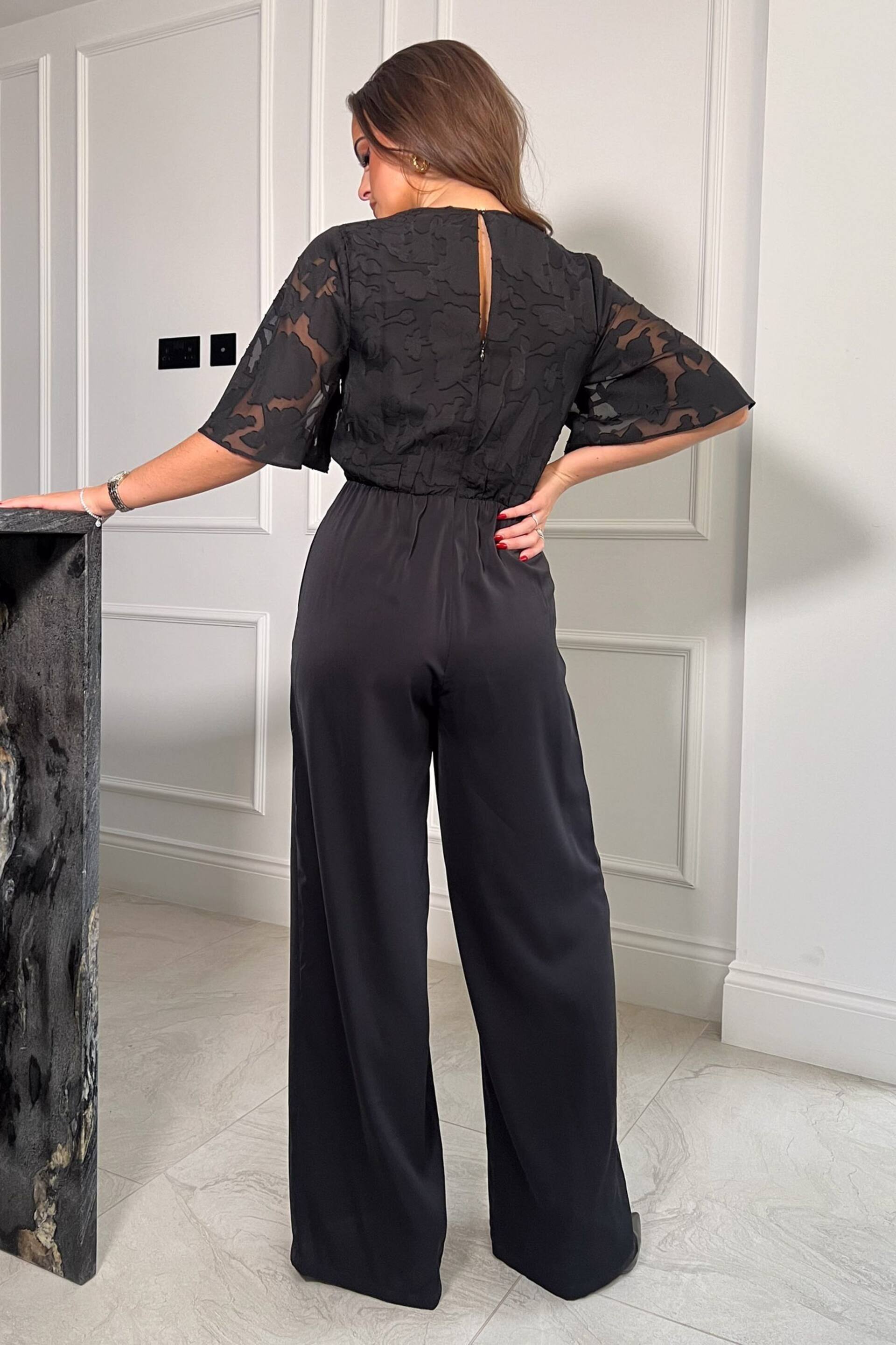 Girl In Mind Black Burn Out Floral Viola Wrap Tie Detail Wide Leg Jumpsuit - Image 2 of 4