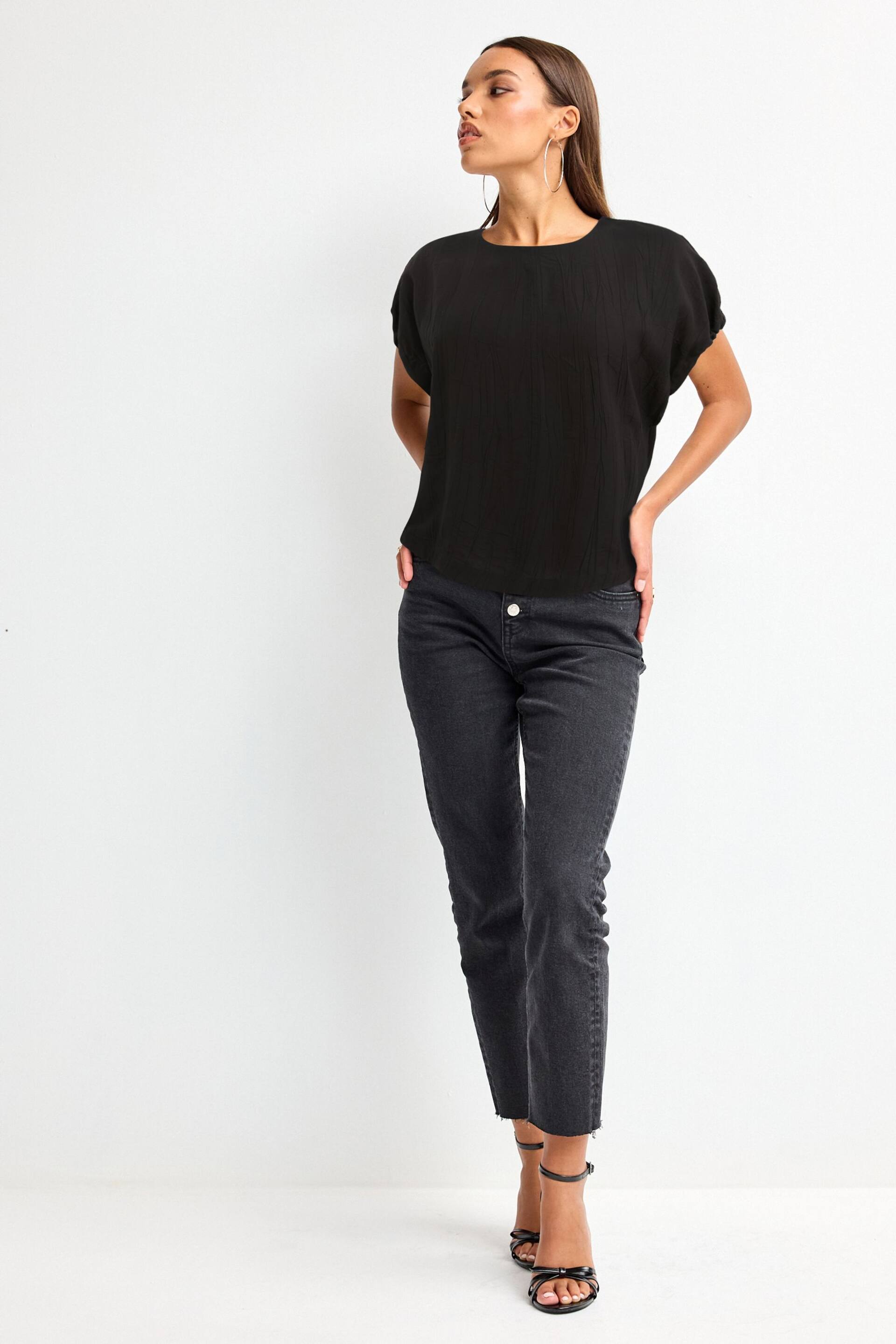 Black Gathered Short Sleeve Textured Boxy T-Shirt - Image 2 of 6