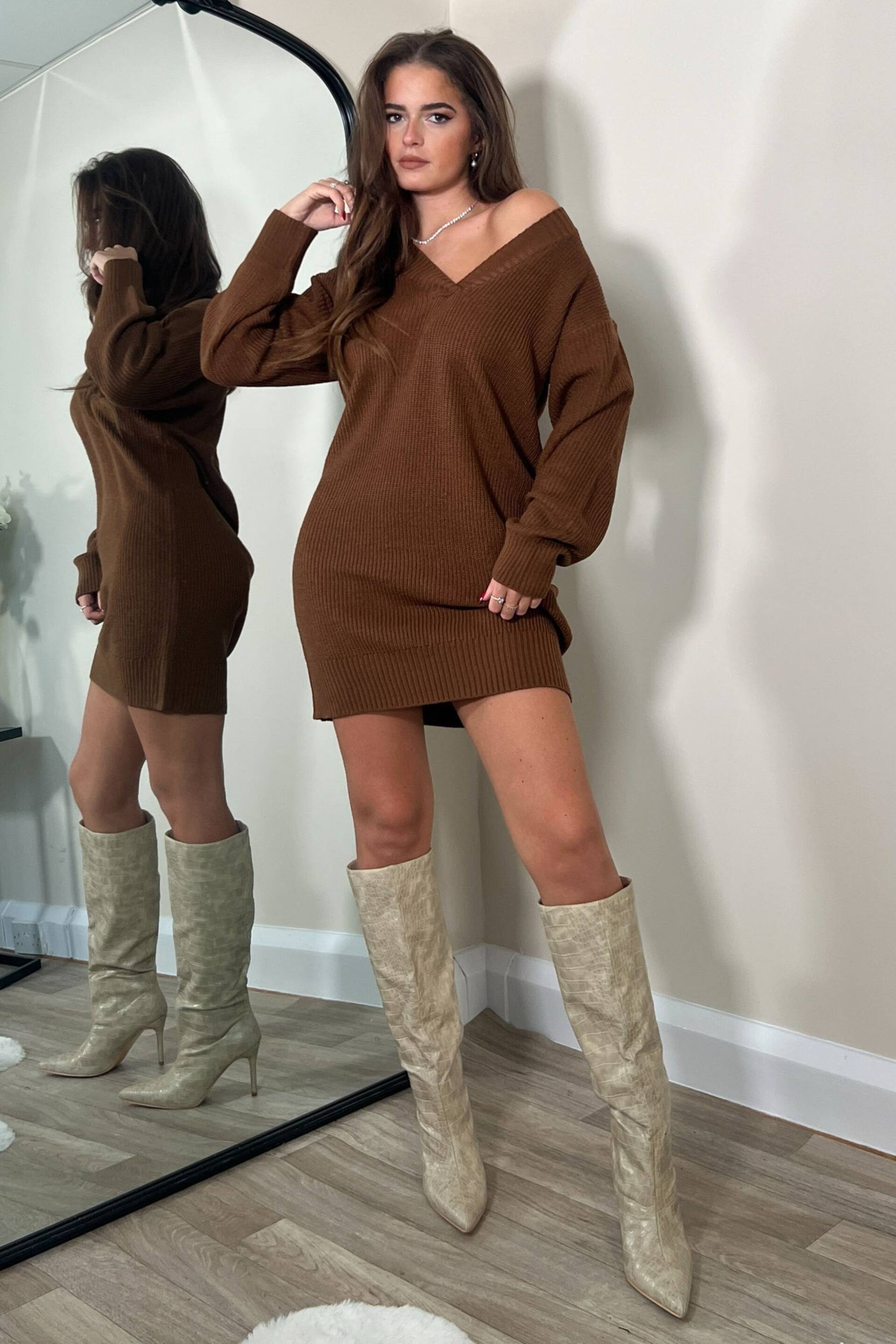 Girl In Mind Brown Victoria V-Neck Long Sleeve Knitted Mini Dress - Image 1 of 4