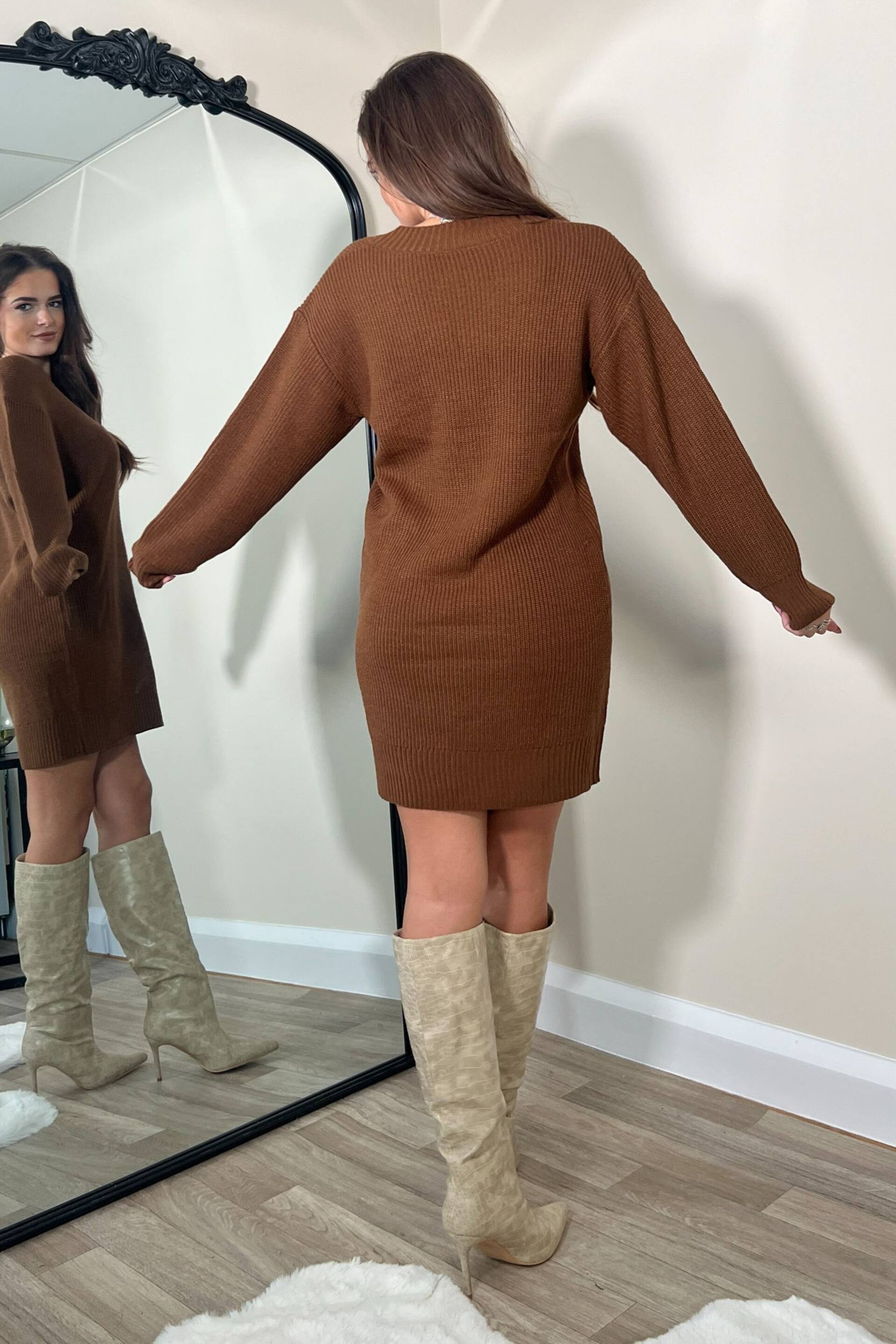 Girl In Mind Brown Victoria V-Neck Long Sleeve Knitted Mini Dress - Image 2 of 4