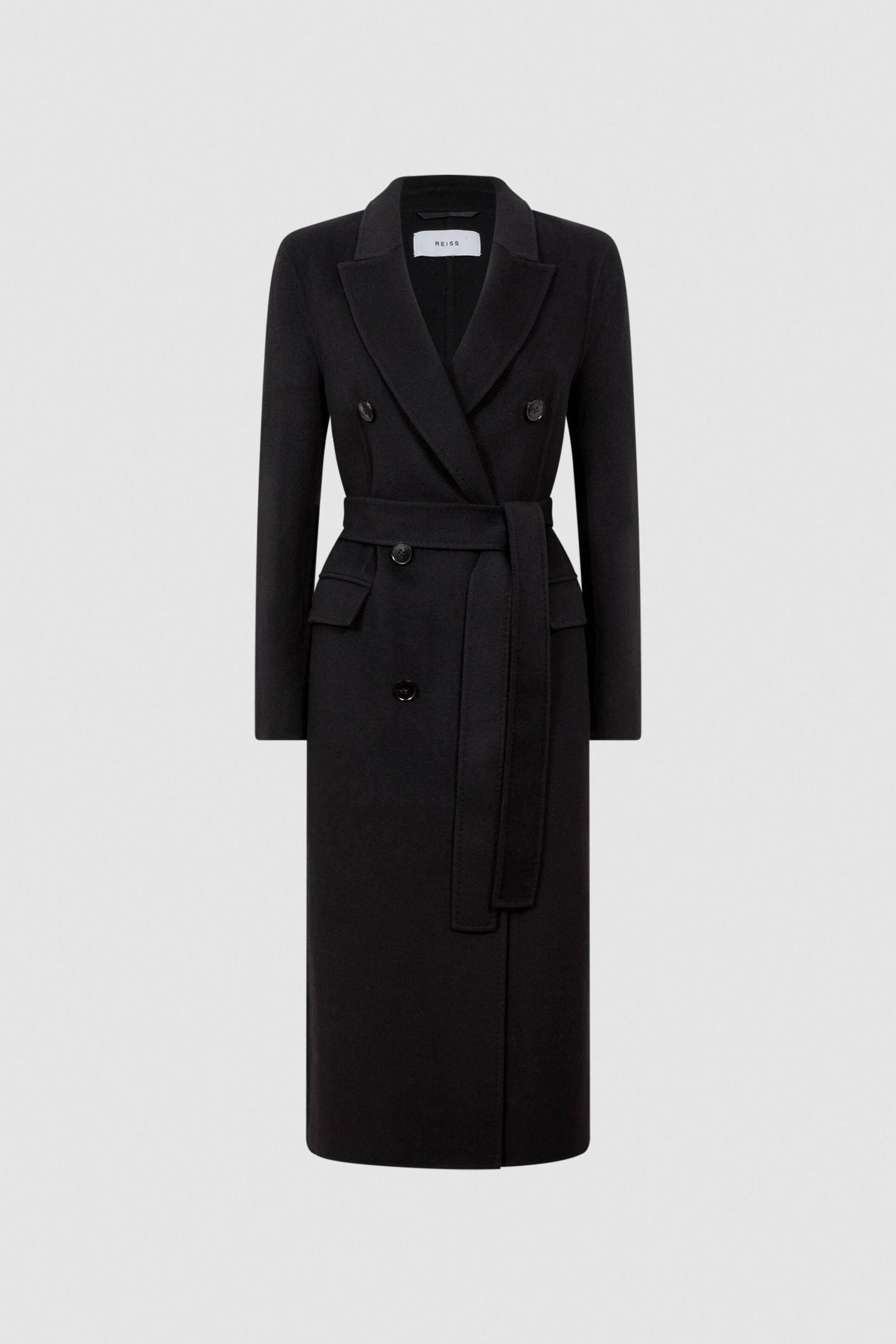 Reiss Black Arla Petite Relaxed Wool Blend Blindseam Belted Coat - Image 2 of 6