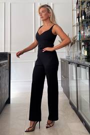 Girl In Mind Black Matilda Plunge Neck Wide Leg Belted Jumpsuit - Image 3 of 4