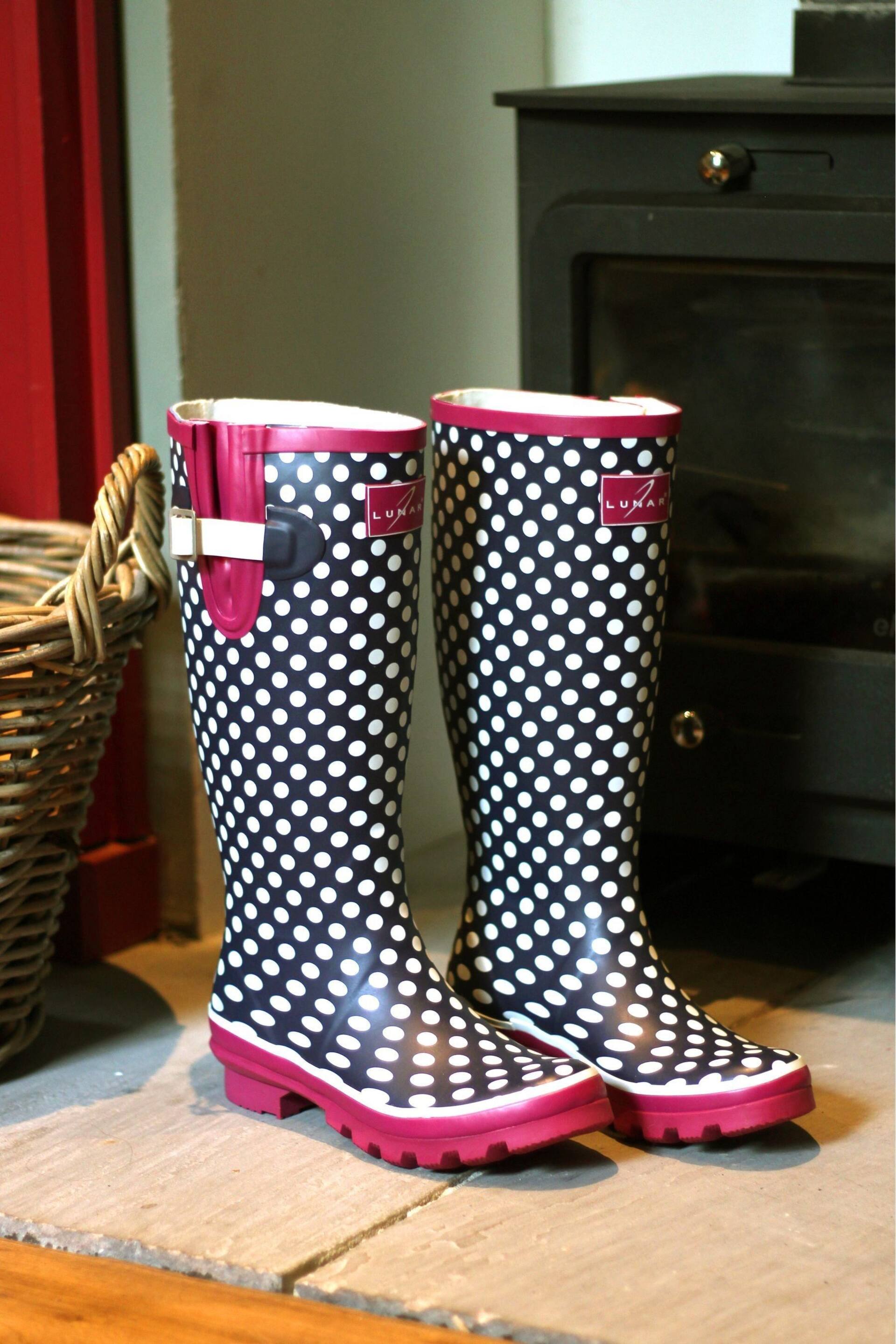 Lunar Navy Blue Polka Dot Adjustable Rubber Wellies - Image 1 of 5