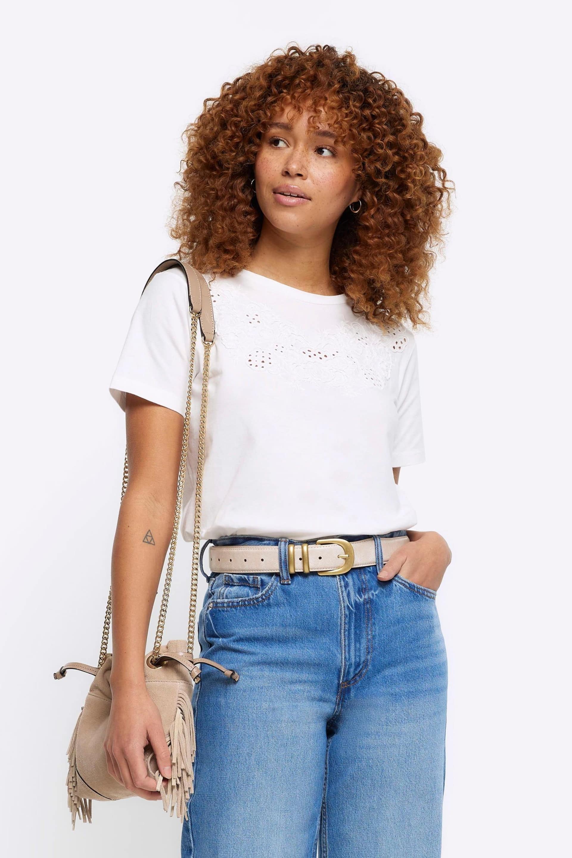 River Island White Lace Cut Work T-Shirt - Image 1 of 6