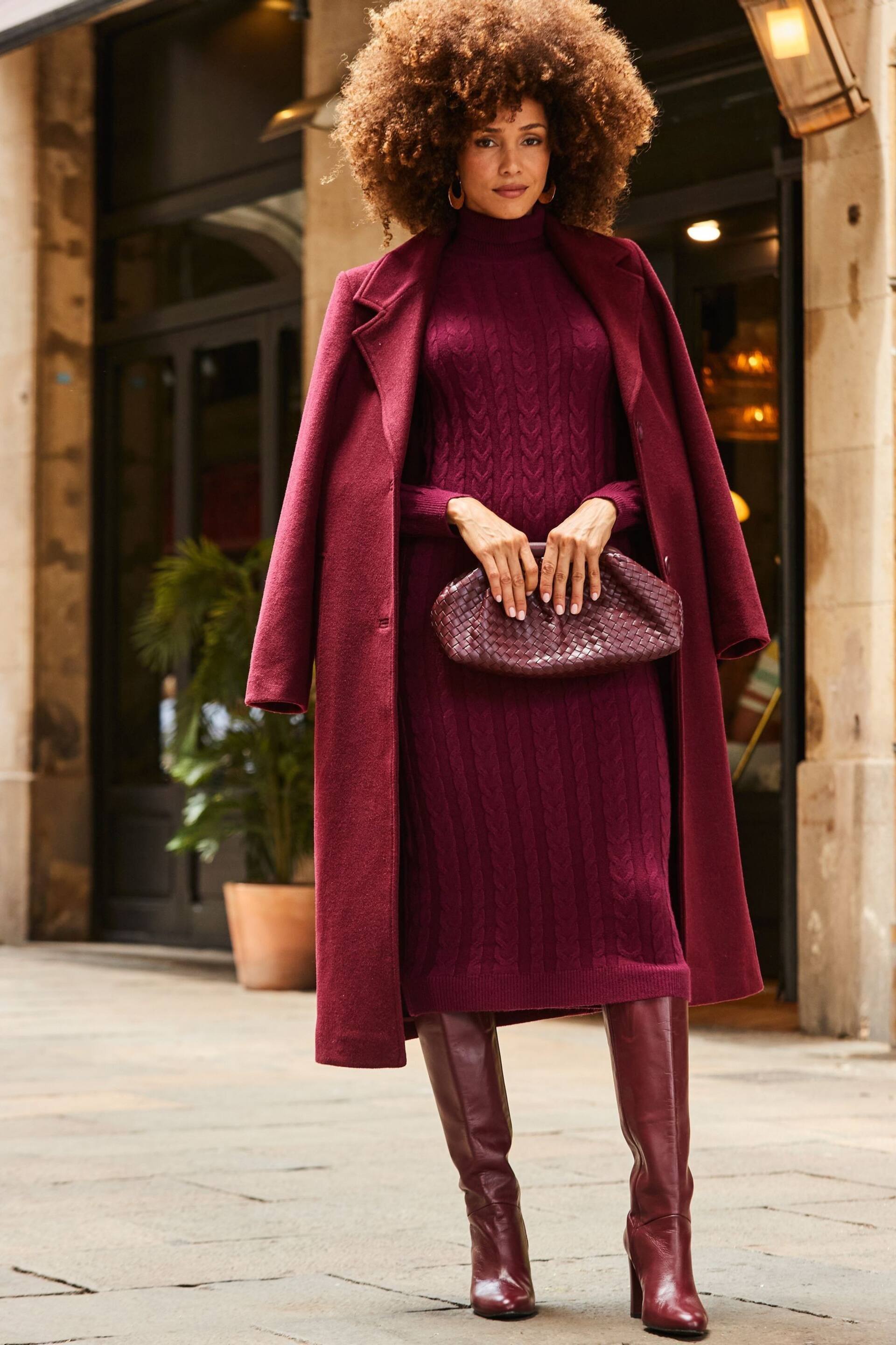 Sosandar Red Fitted Roll Neck Cable Knit Dress - Image 3 of 5