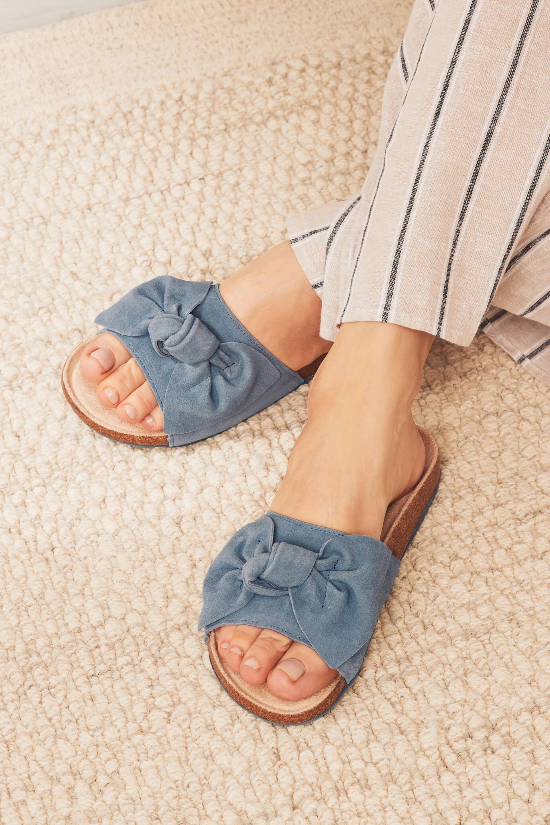 Blue Suede Bow Slider Slippers - Image 1 of 7