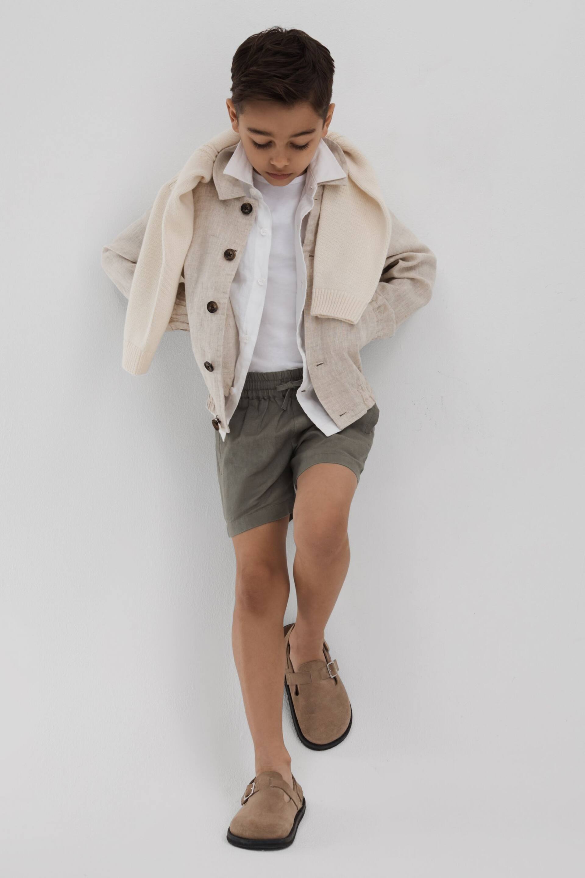 Reiss Khaki Acen Teen Linen Drawstring Shorts - Image 2 of 4