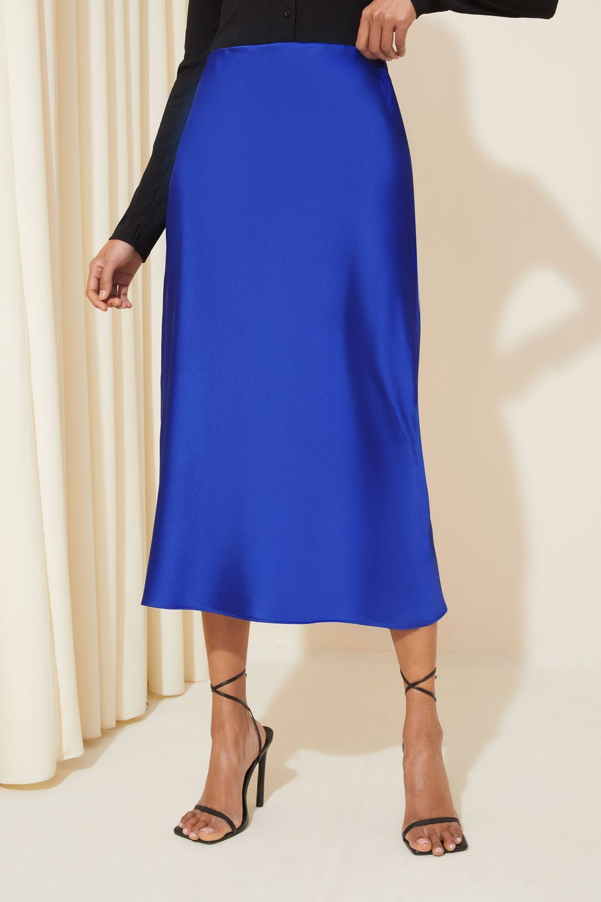 Friends Like These Cobalt Blue Blue Satin Bias Midi Skirt - Image 1 of 4