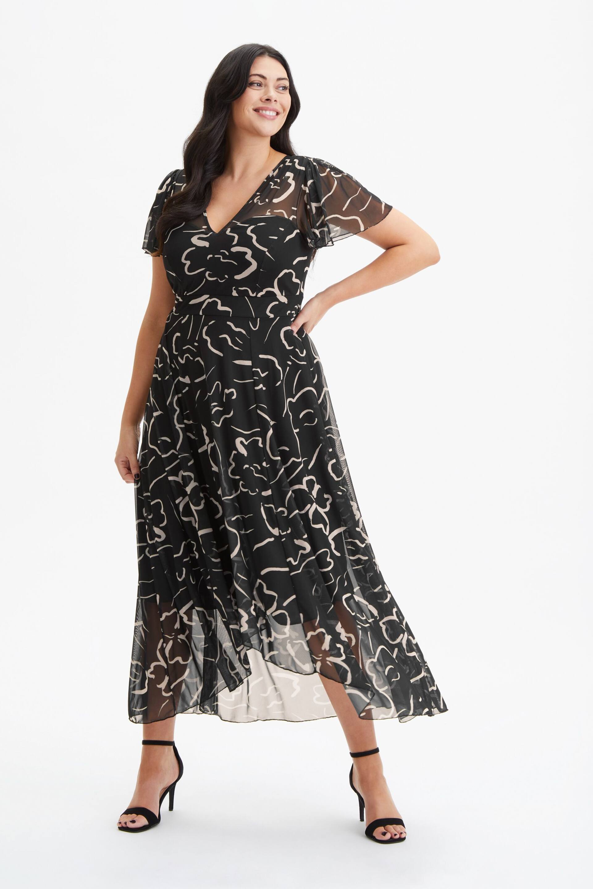 Scarlett & Jo Black Tilly Print Angel Sleeve Sweetheart Dress - Image 1 of 4