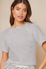 Lipsy White Navy Blue Stripe Crochet Button Short Sleeves Round Neck T-Shirt - Image 1 of 4