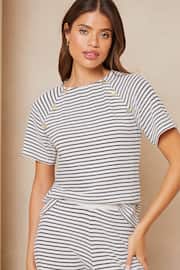 Lipsy White Navy Blue Stripe Crochet Button Short Sleeves Round Neck T-Shirt - Image 2 of 4