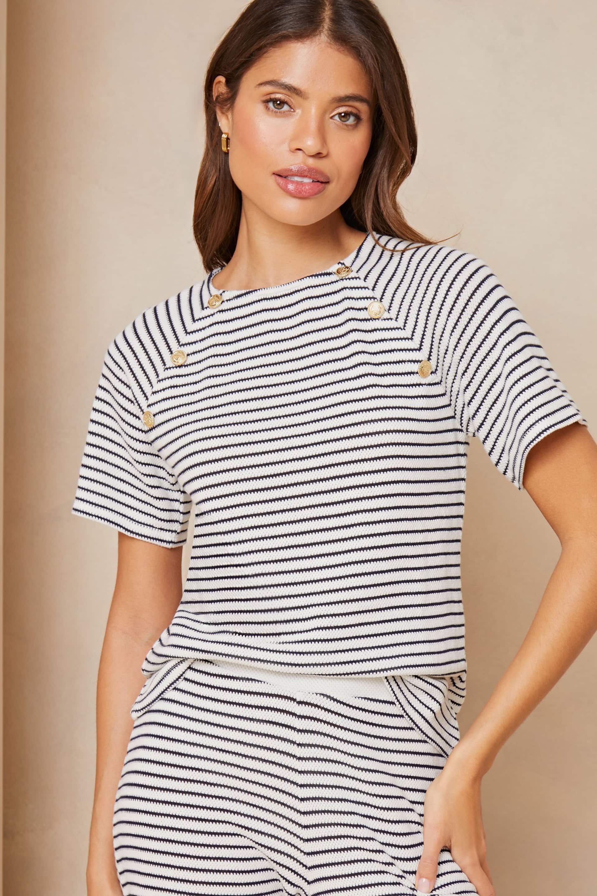 Lipsy White Navy Blue Stripe Crochet Button Short Sleeves Round Neck T-Shirt - Image 2 of 4