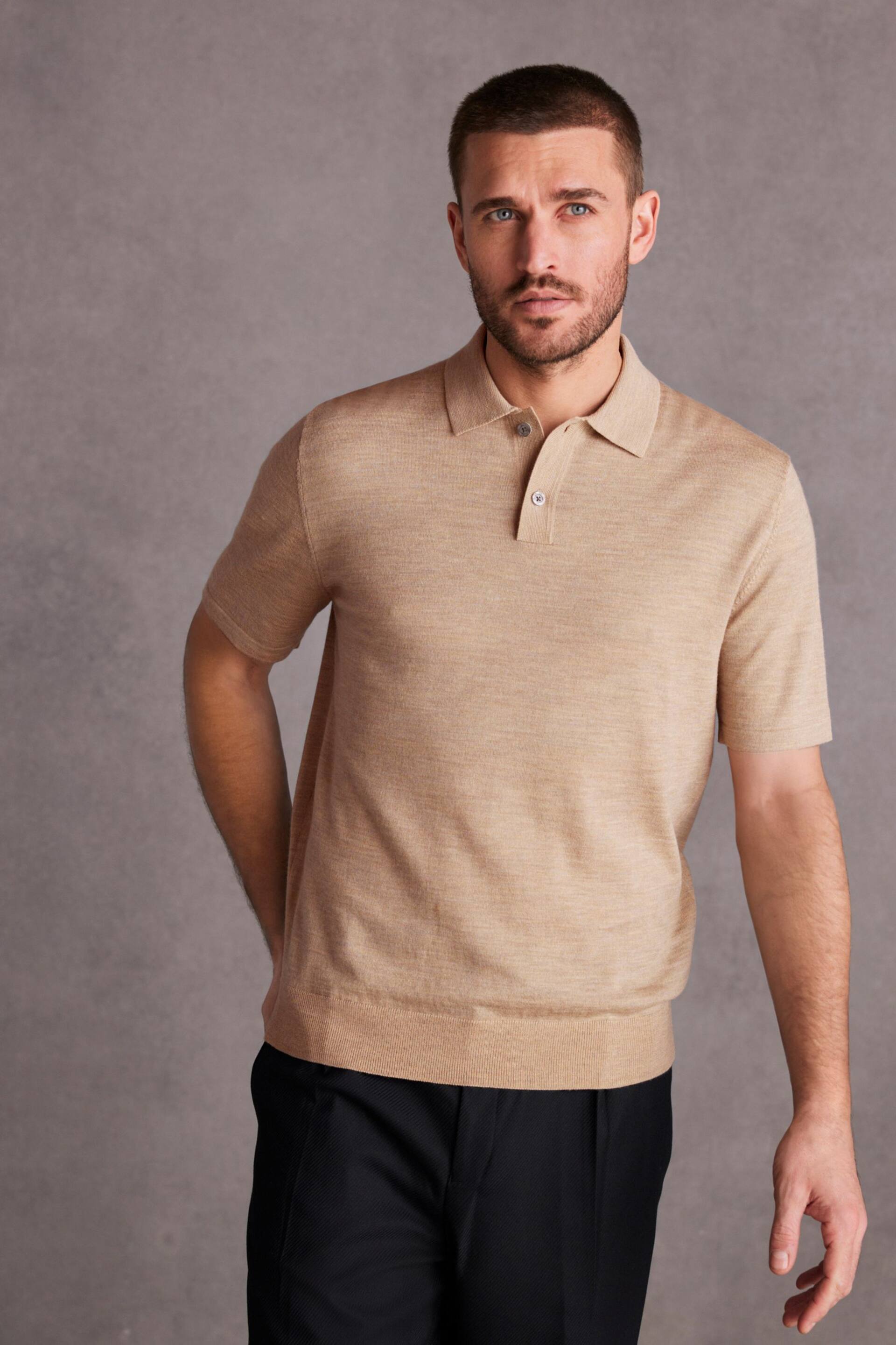 Neutral Knitted Premium Merino Wool Regular Fit Polo Shirt - Image 1 of 6