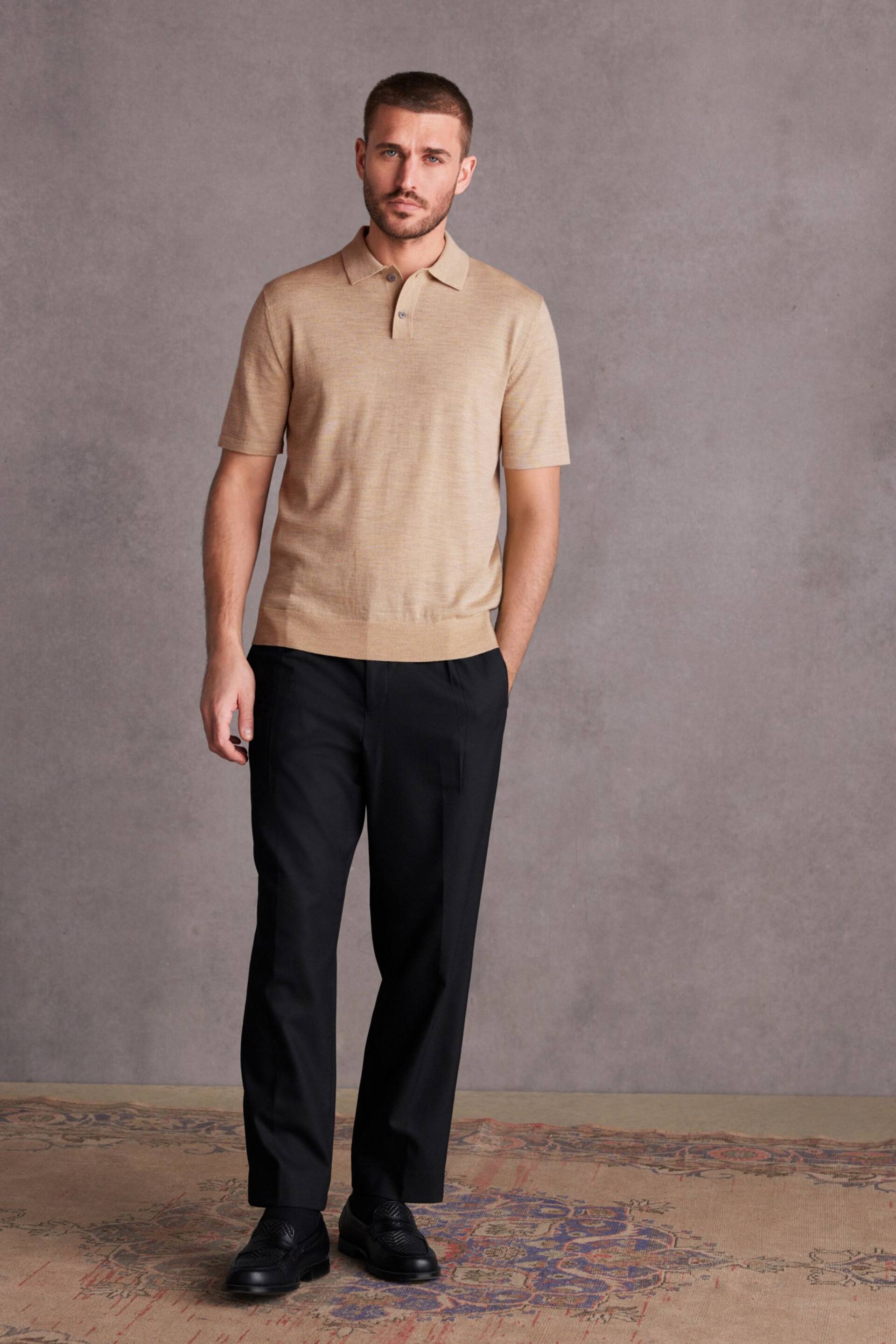 Neutral Knitted Premium Merino Wool Regular Fit Polo Shirt - Image 2 of 6