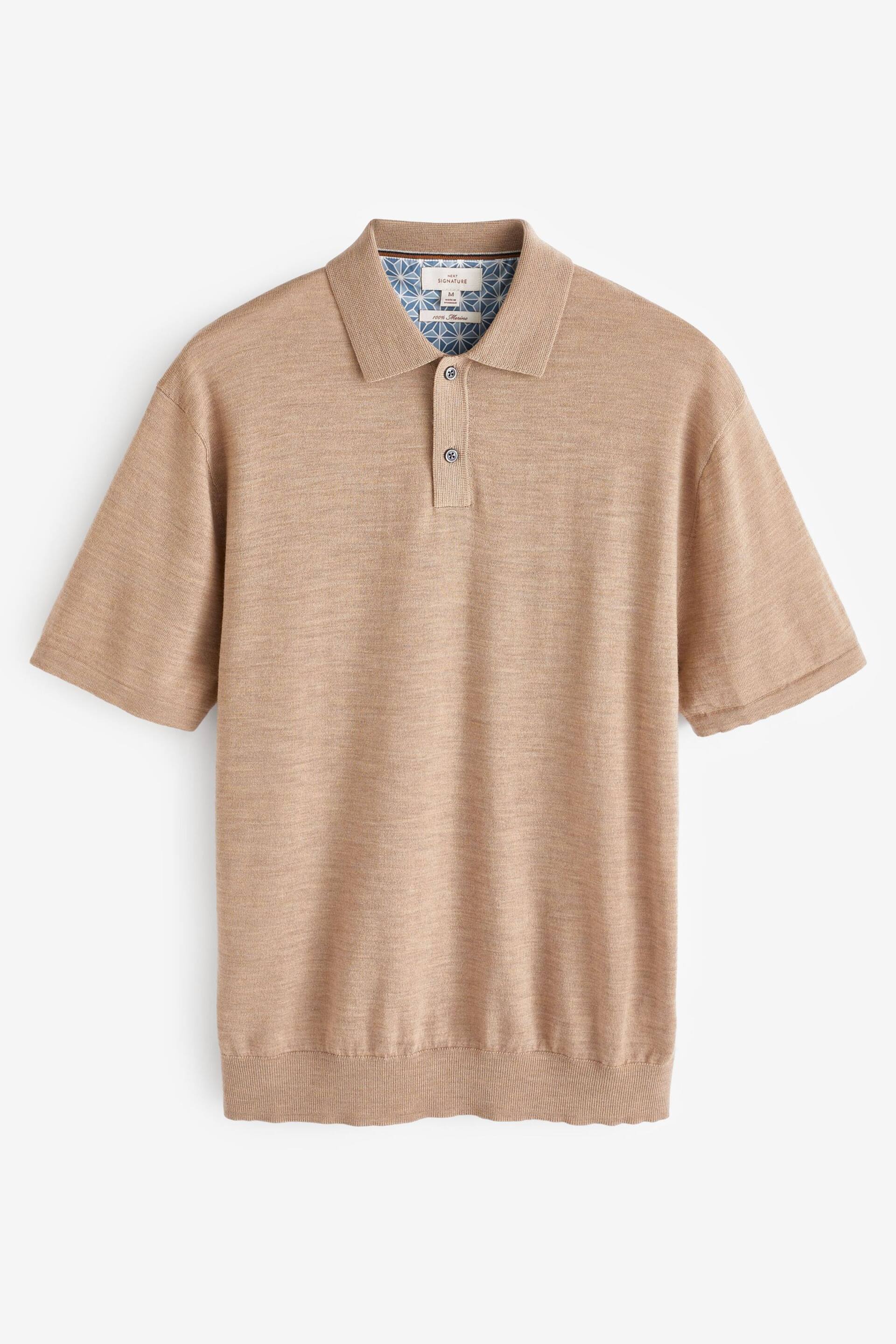 Neutral Knitted Premium Merino Wool Regular Fit Polo Shirt - Image 5 of 6