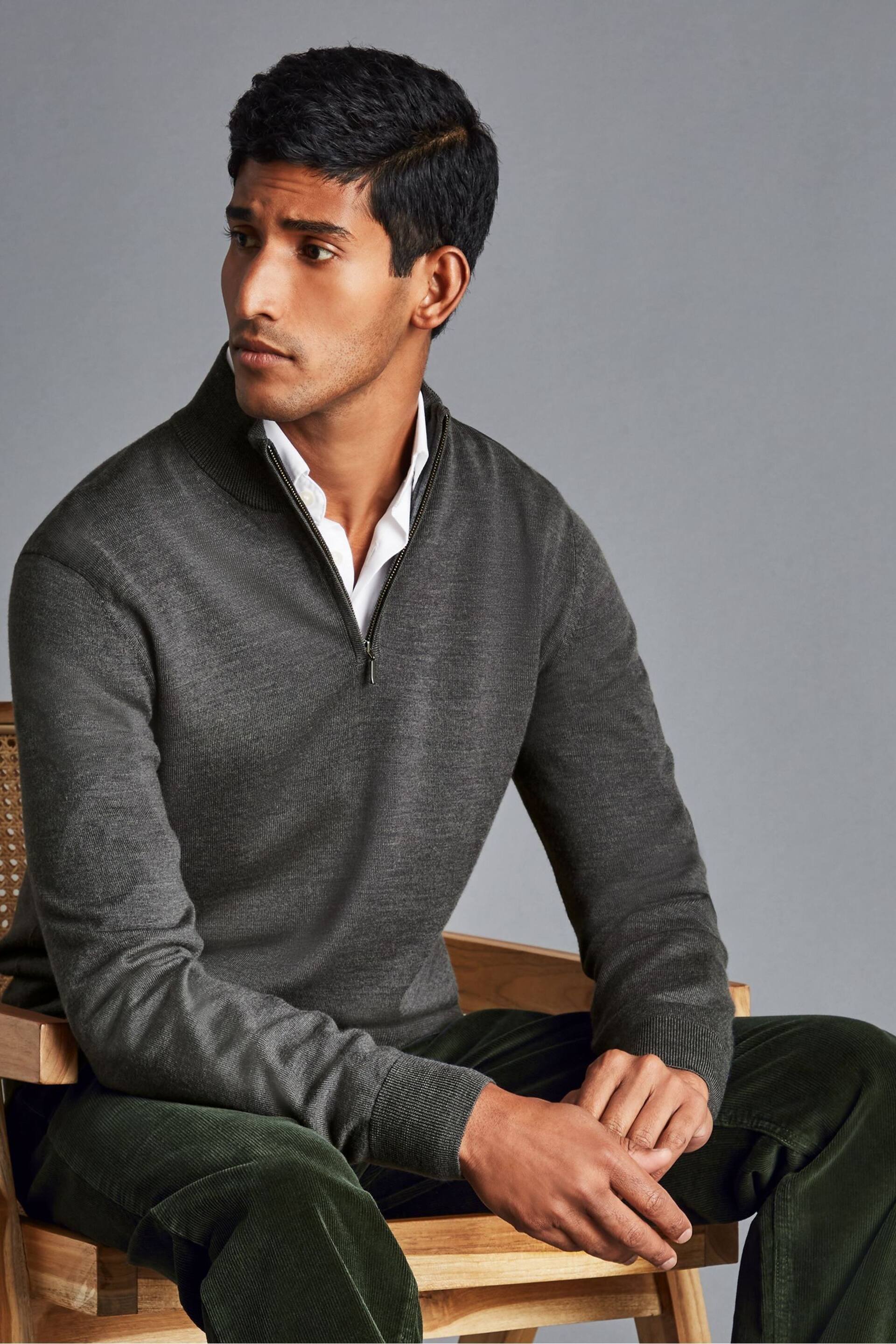 Charles Tyrwhitt Grey Pure Merino Zip Neck Jumper - Image 2 of 4