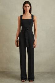 Reiss Black Kim Cross Back Belted Jumpsuit - Image 1 of 6