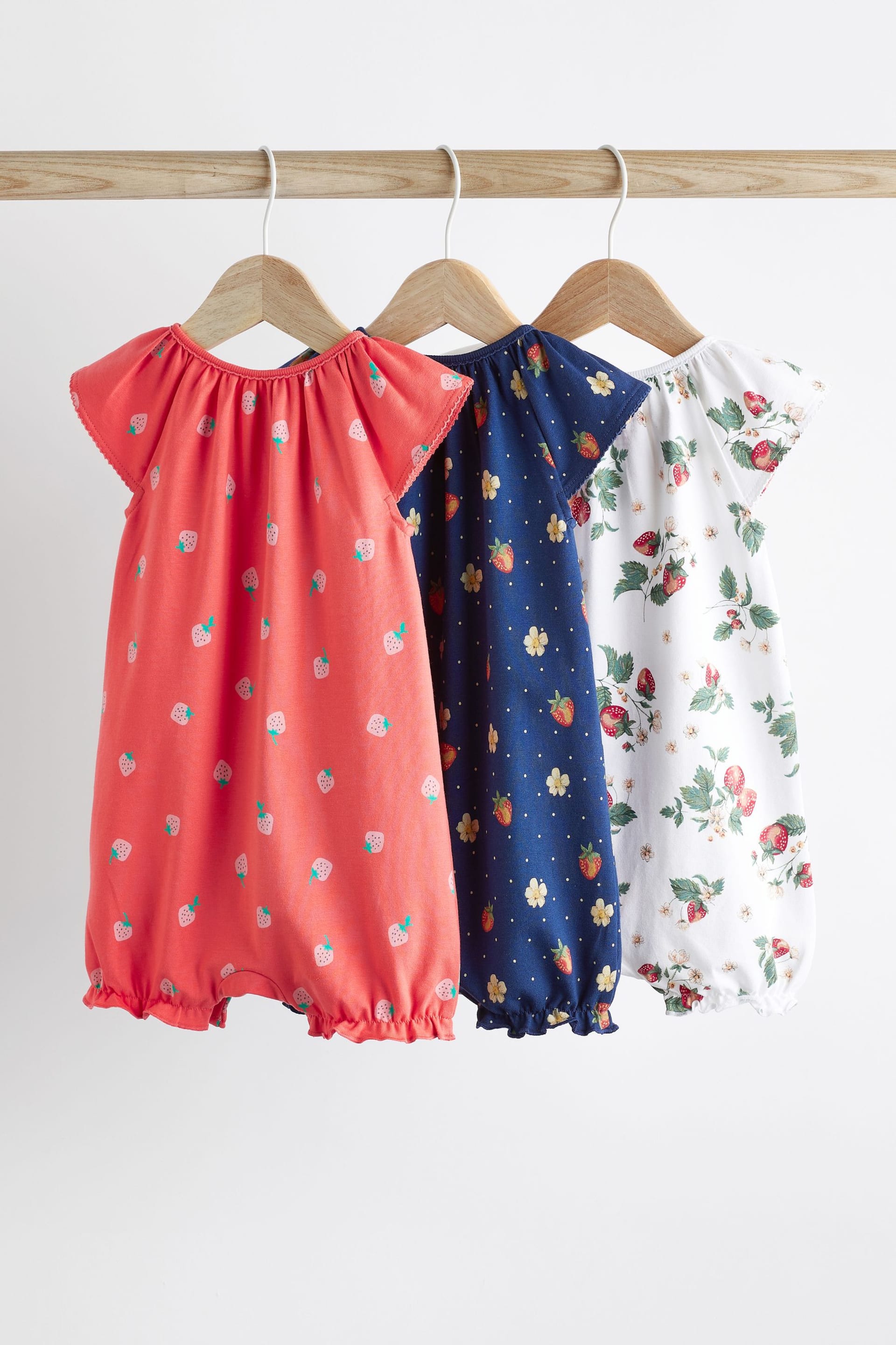White/Blue/Red Strawberry Baby Rompers 3 Pack - Image 2 of 9