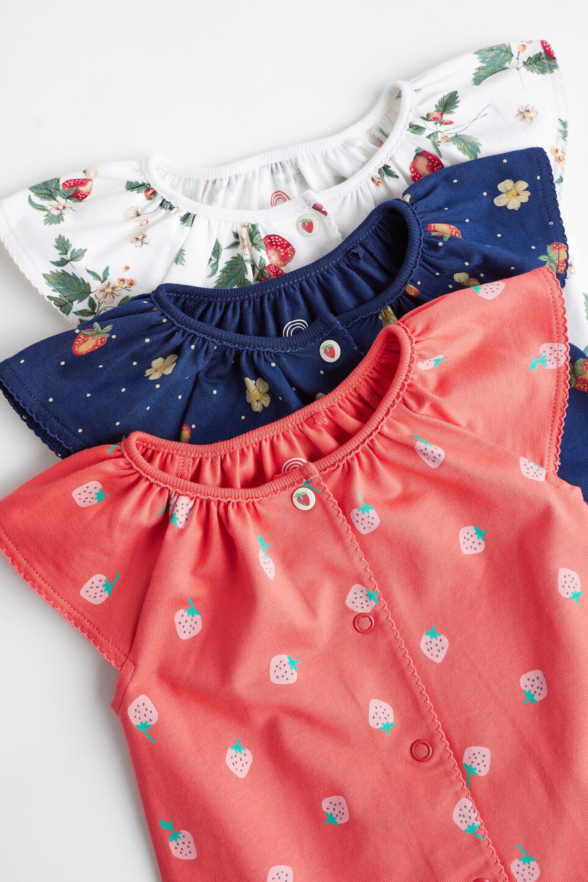 White/Blue/Red Strawberry Baby Rompers 3 Pack - Image 4 of 9