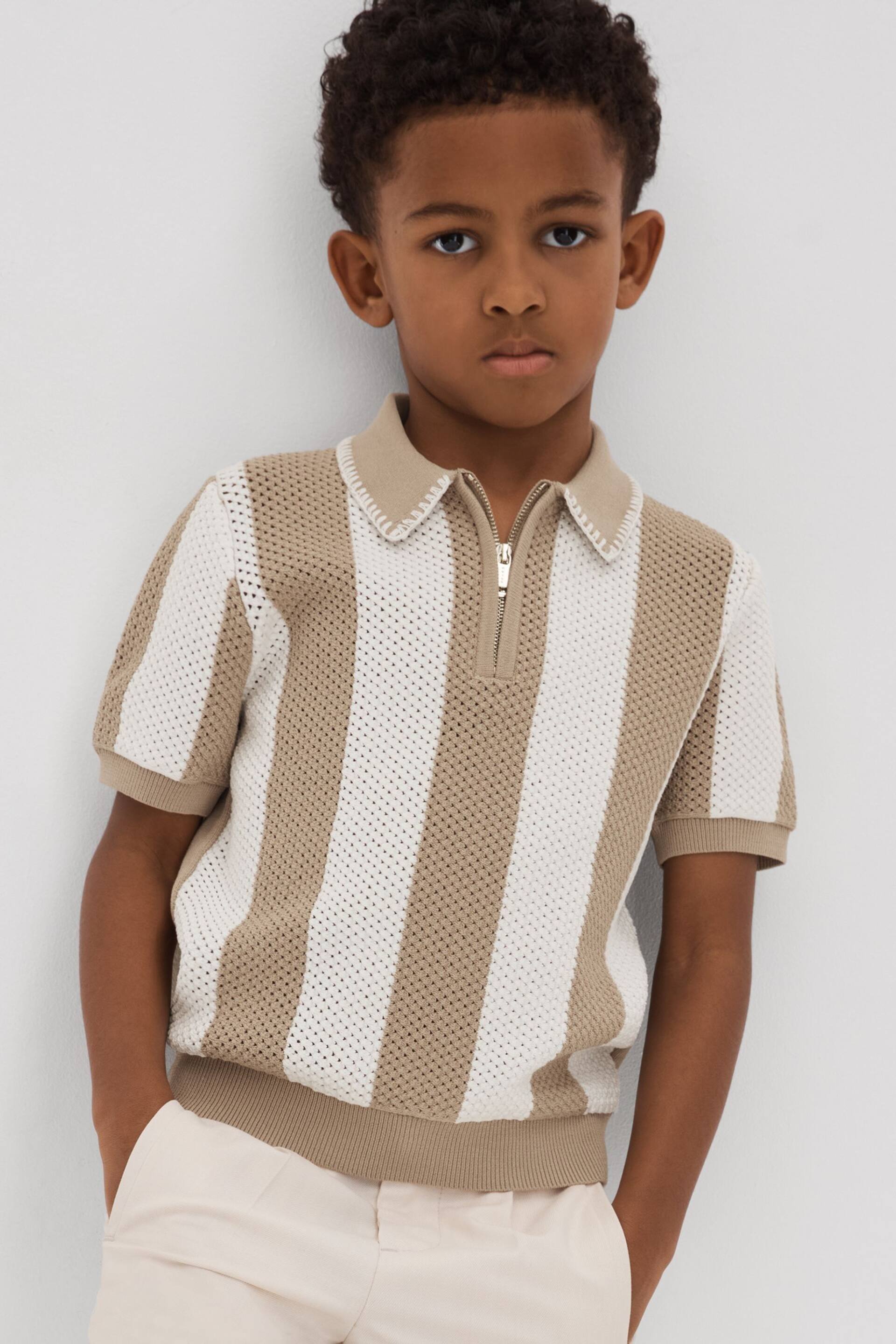 Reiss Brown Paros Knitted Striped Half Zip Polo Shirt - Image 1 of 4