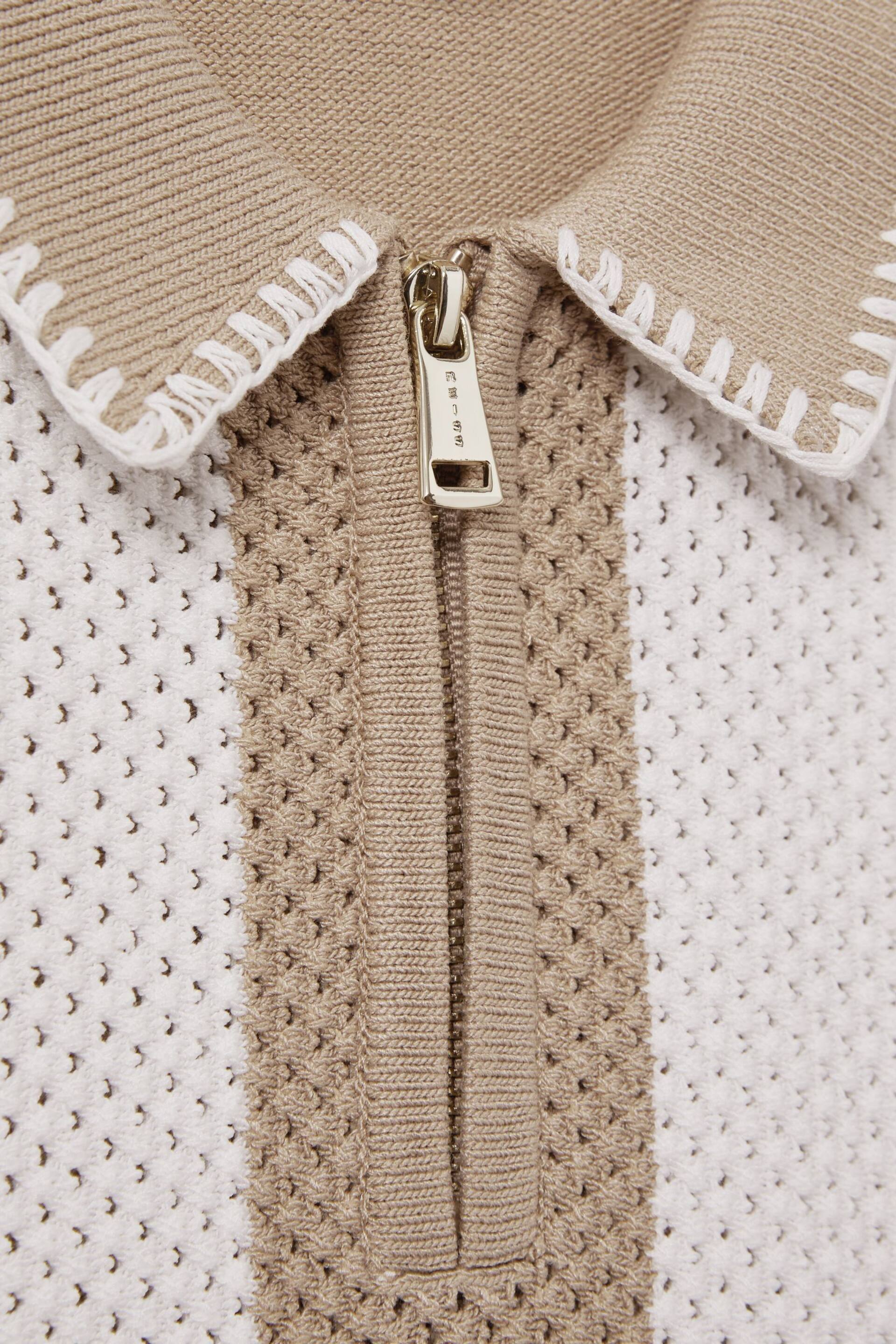 Reiss Brown Paros Knitted Striped Half Zip Polo Shirt - Image 4 of 4
