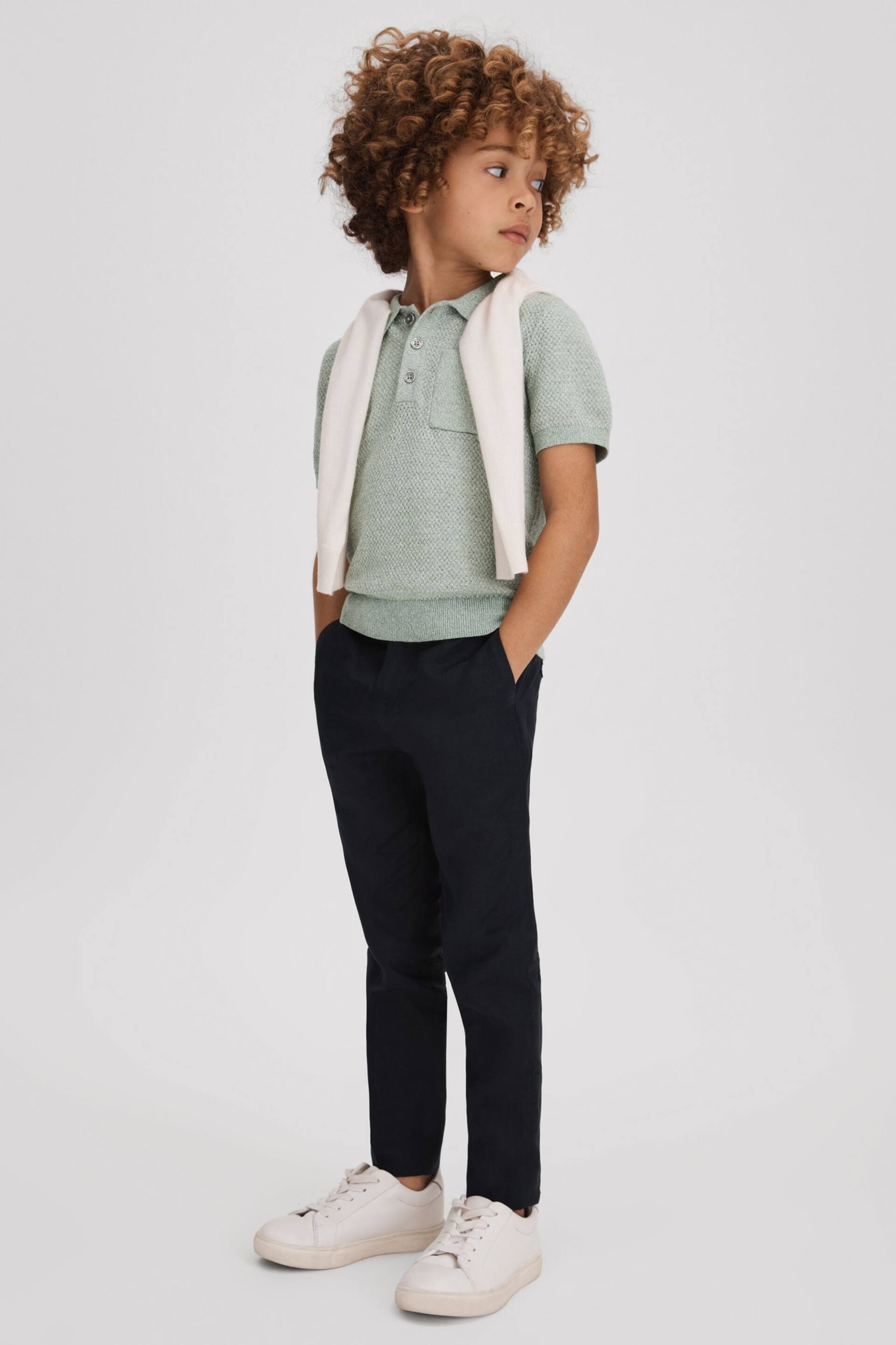 Reiss Sage Melange Demetri Junior Textured Cotton Polo Shirt - Image 1 of 4