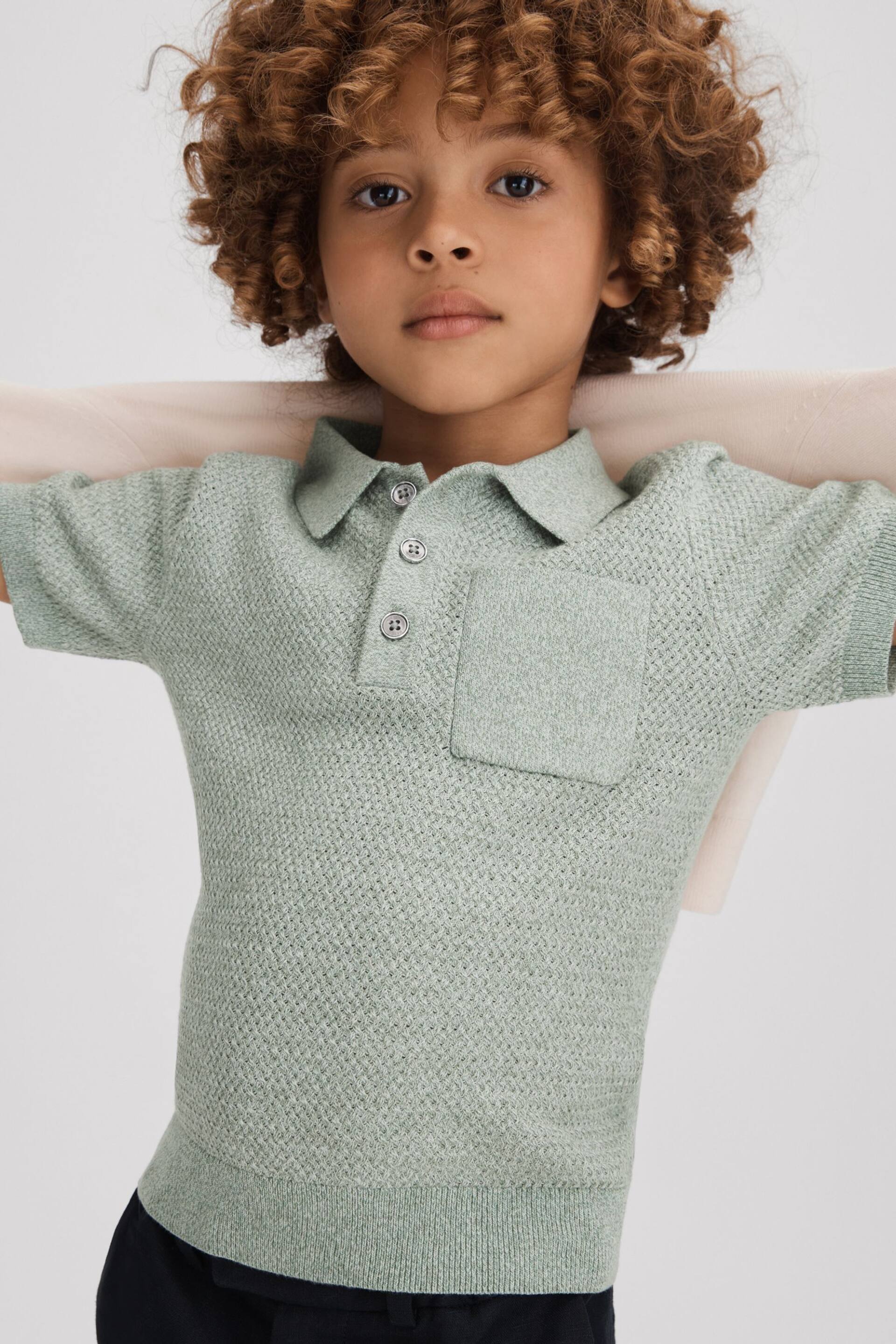 Reiss Sage Melange Demetri Junior Textured Cotton Polo Shirt - Image 3 of 4