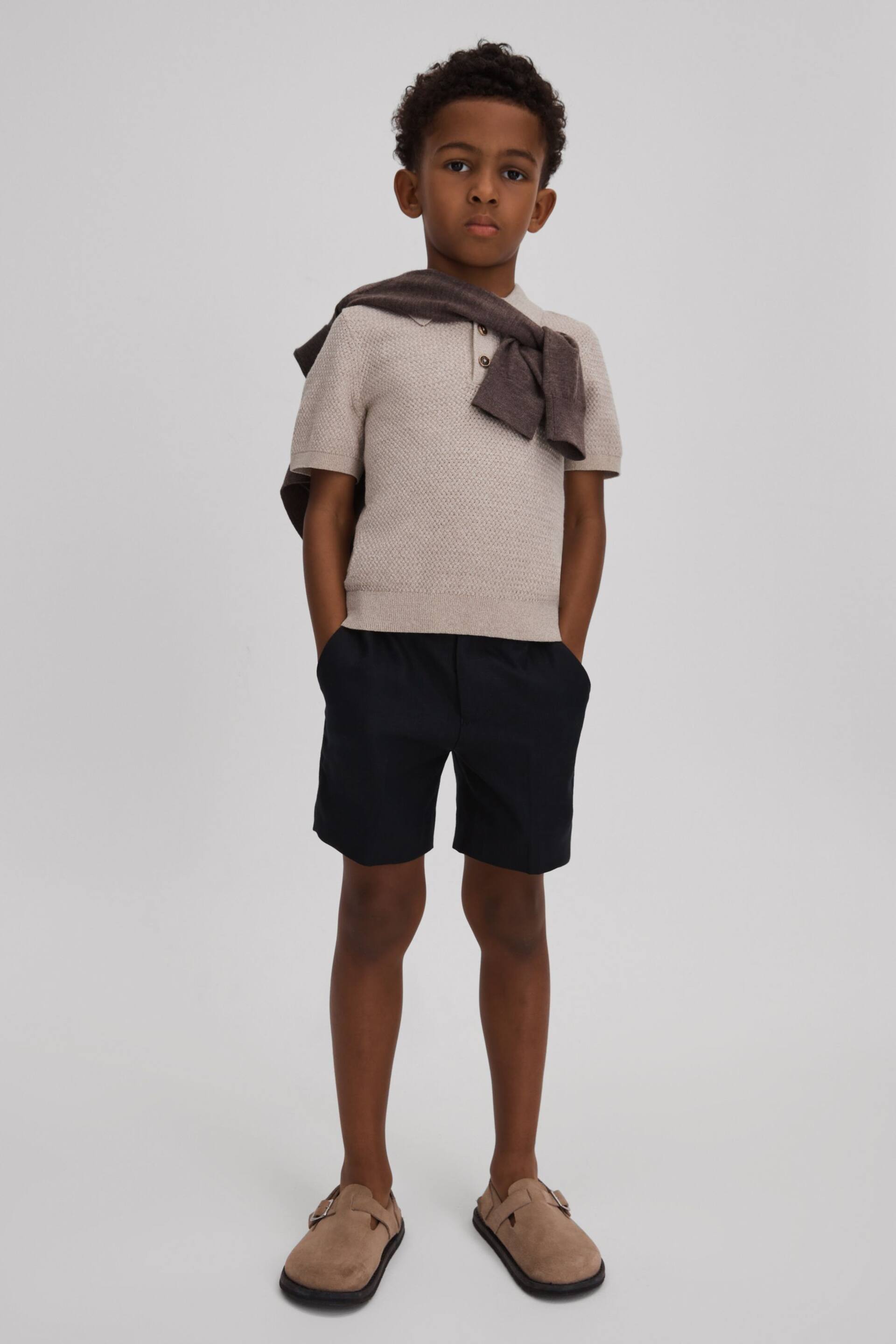 Reiss Oatmeal Melange Demetri Junior Textured Cotton Polo Shirt - Image 1 of 4