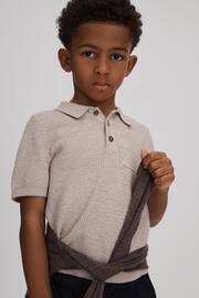 Reiss Oatmeal Melange Demetri Junior Textured Cotton Polo Shirt - Image 3 of 4