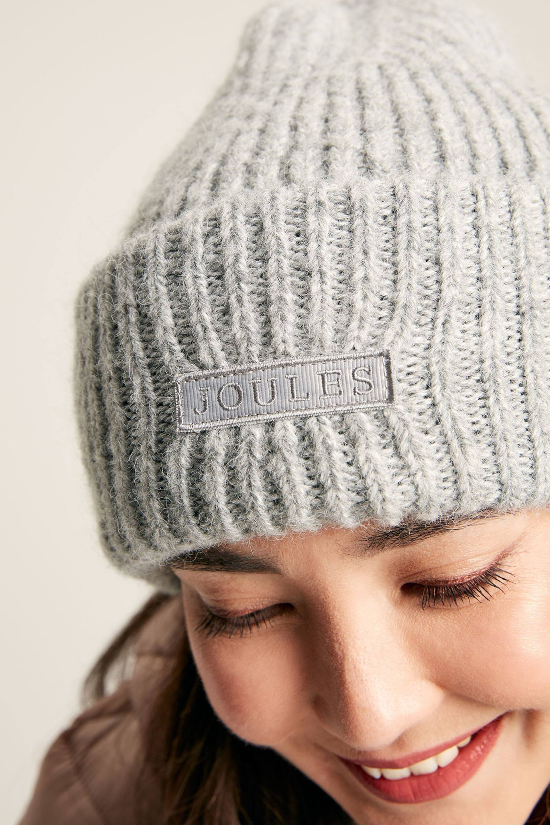 Joules Eloise Grey Marl Oversized Knitted Beanie Hat - Image 2 of 5