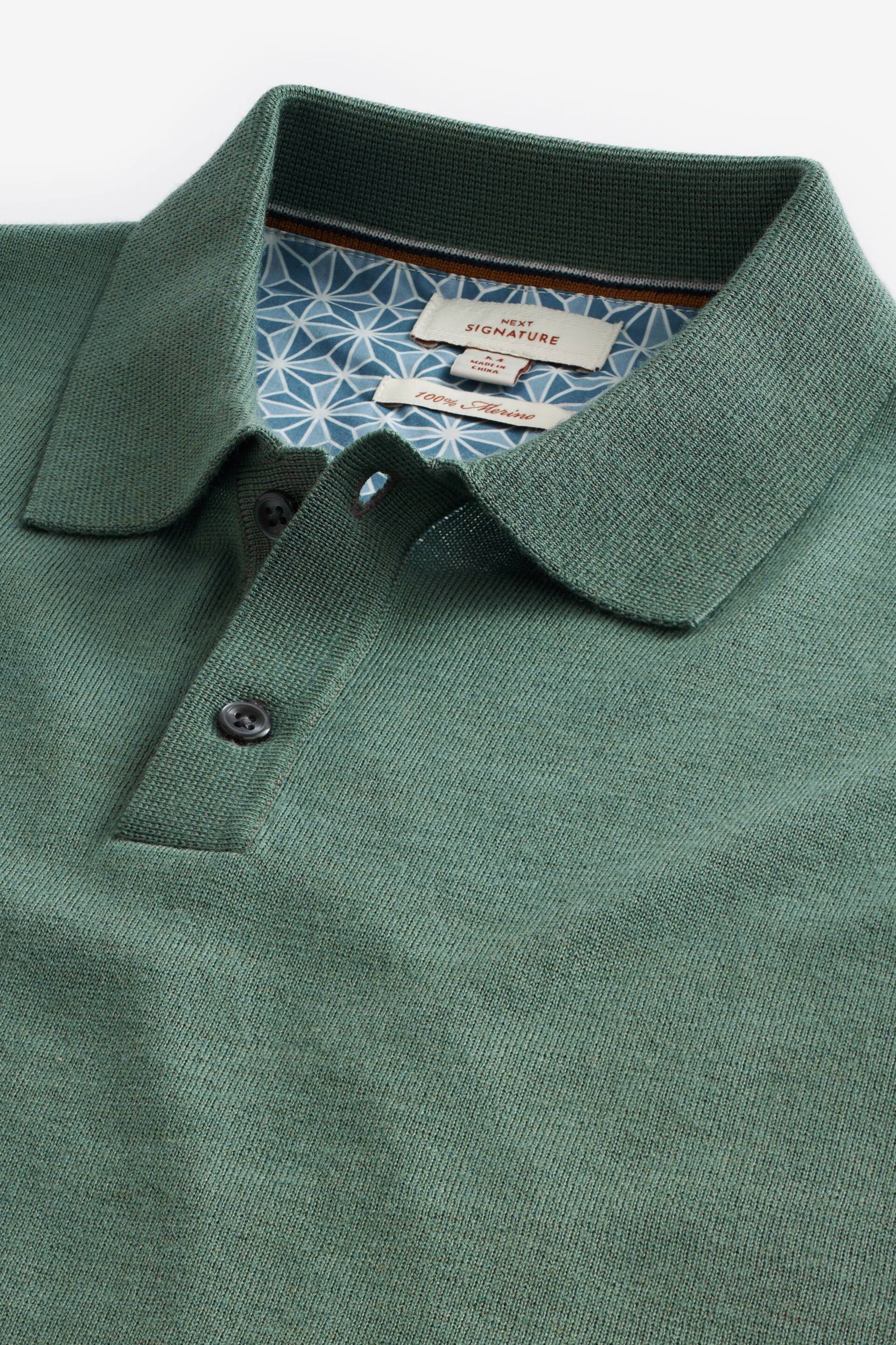 Sage Green Knitted Premium Merino Wool Regular Fit Polo Shirt - Image 3 of 4