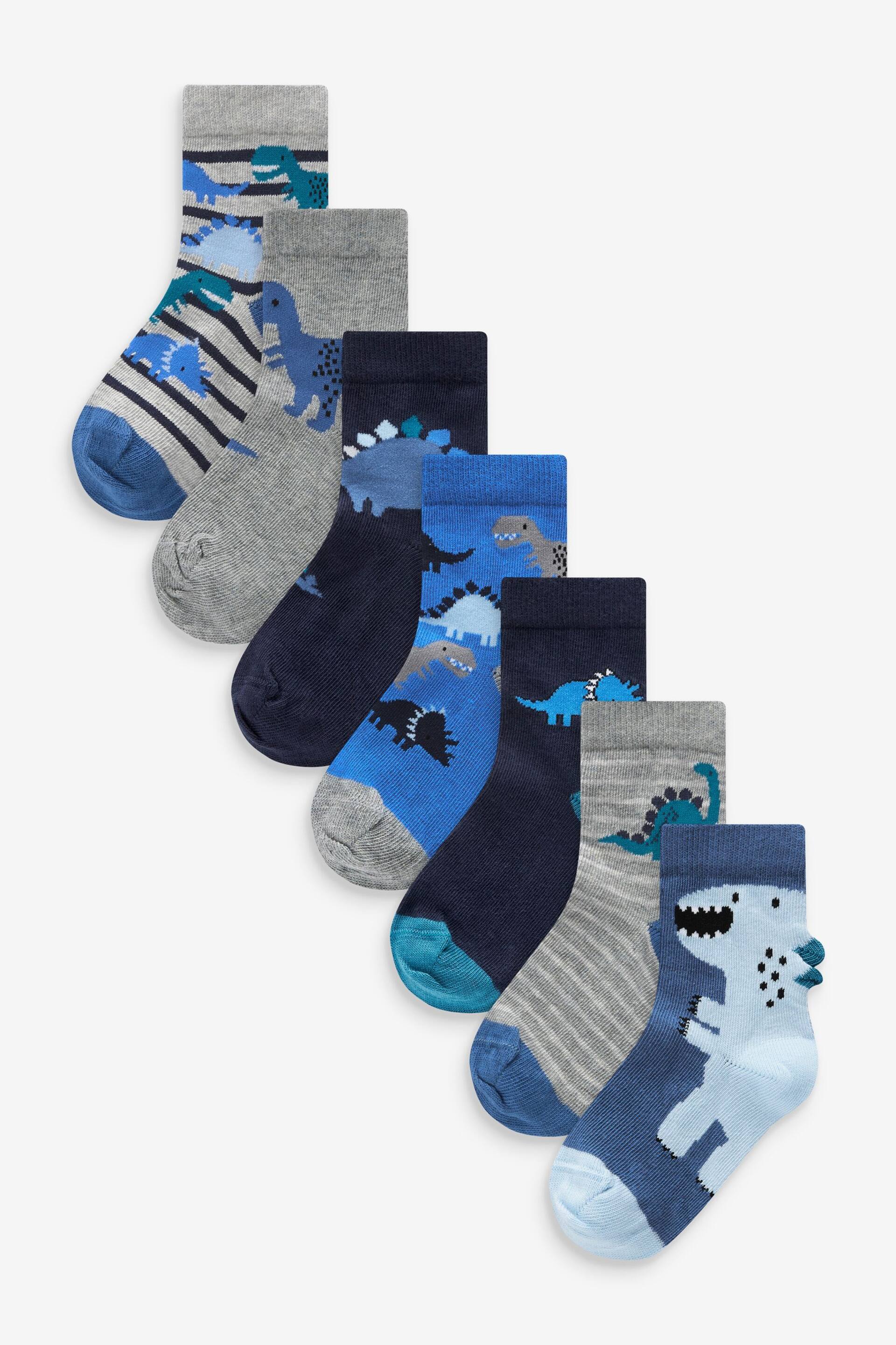 Blue Dino Cotton Rich Socks 7 Pack - Image 1 of 8