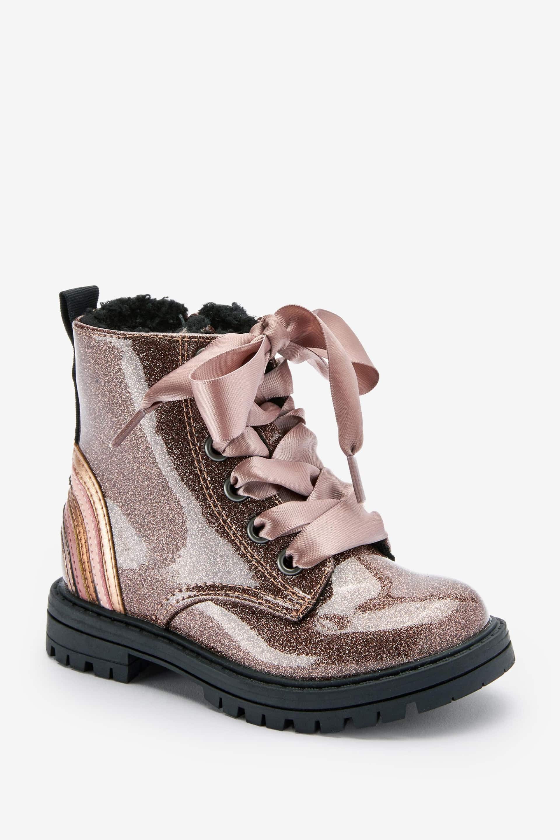 Rose Gold Pink Wide Fit (G) Warm Lined Lace-Up Boots - Image 3 of 11