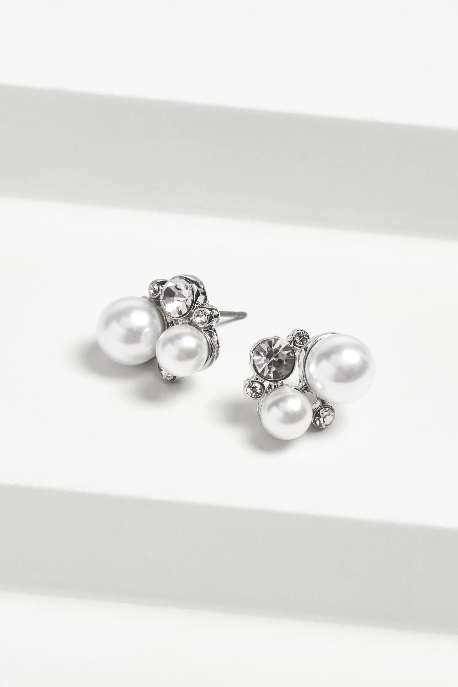 Silver Tone Bridal Pearl Effect Cluster Stud Earrings - Image 2 of 2
