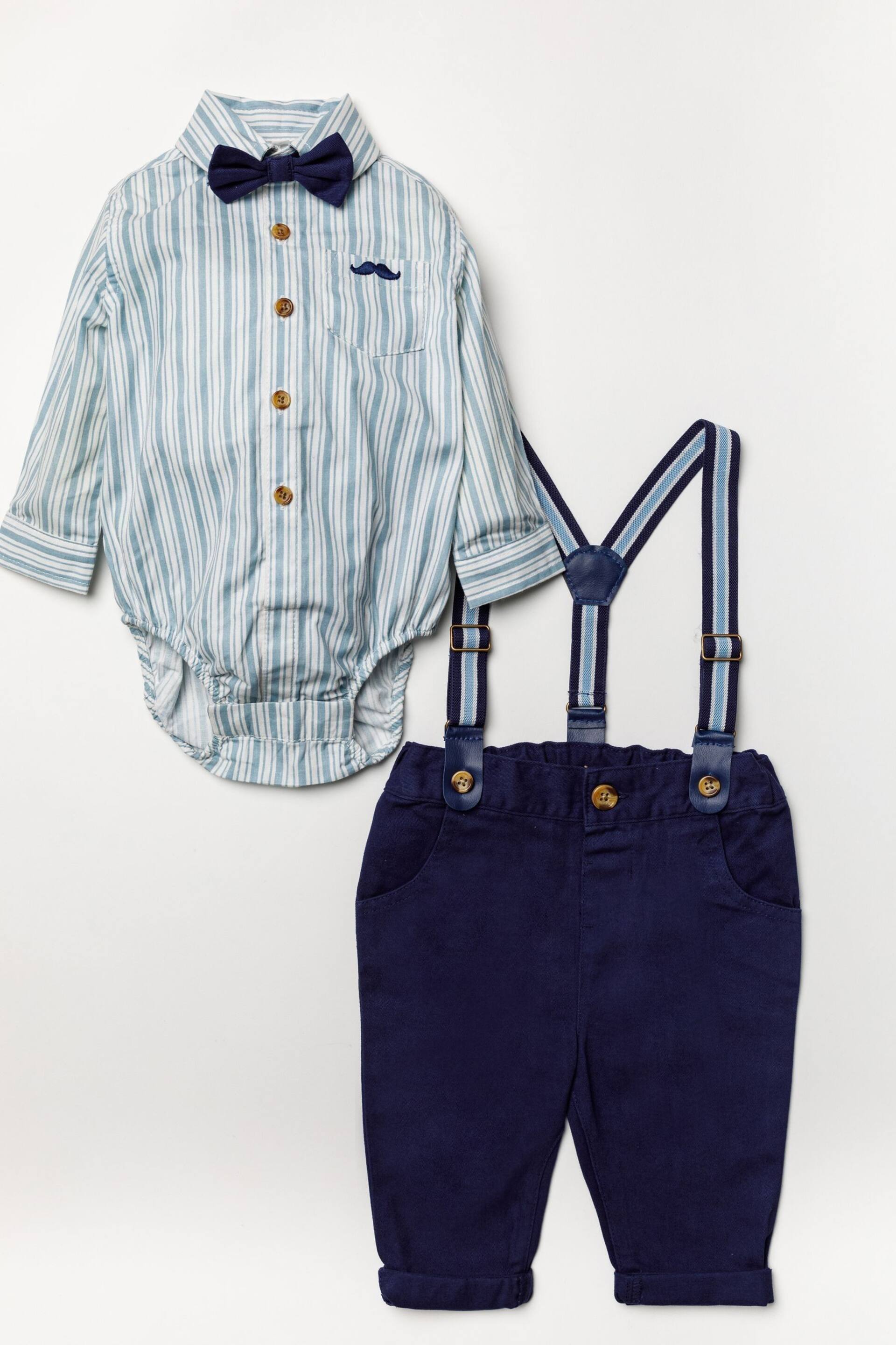 Little Gent Blue Shirt Bodysuit, Bowtie, Trouser And Braces 3 Piece Baby Set - Image 1 of 5