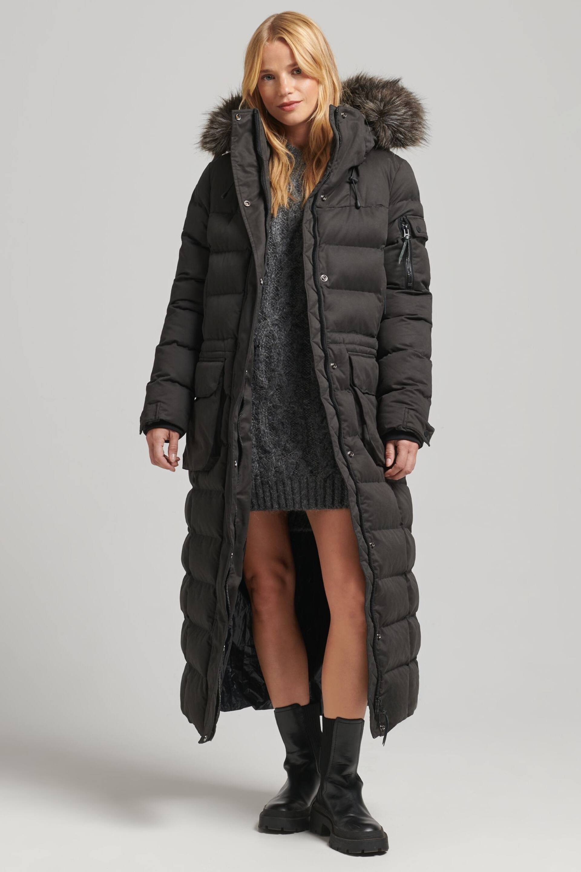 Superdry Black Microfibre Expedition Longline Parka Coat - Image 1 of 6