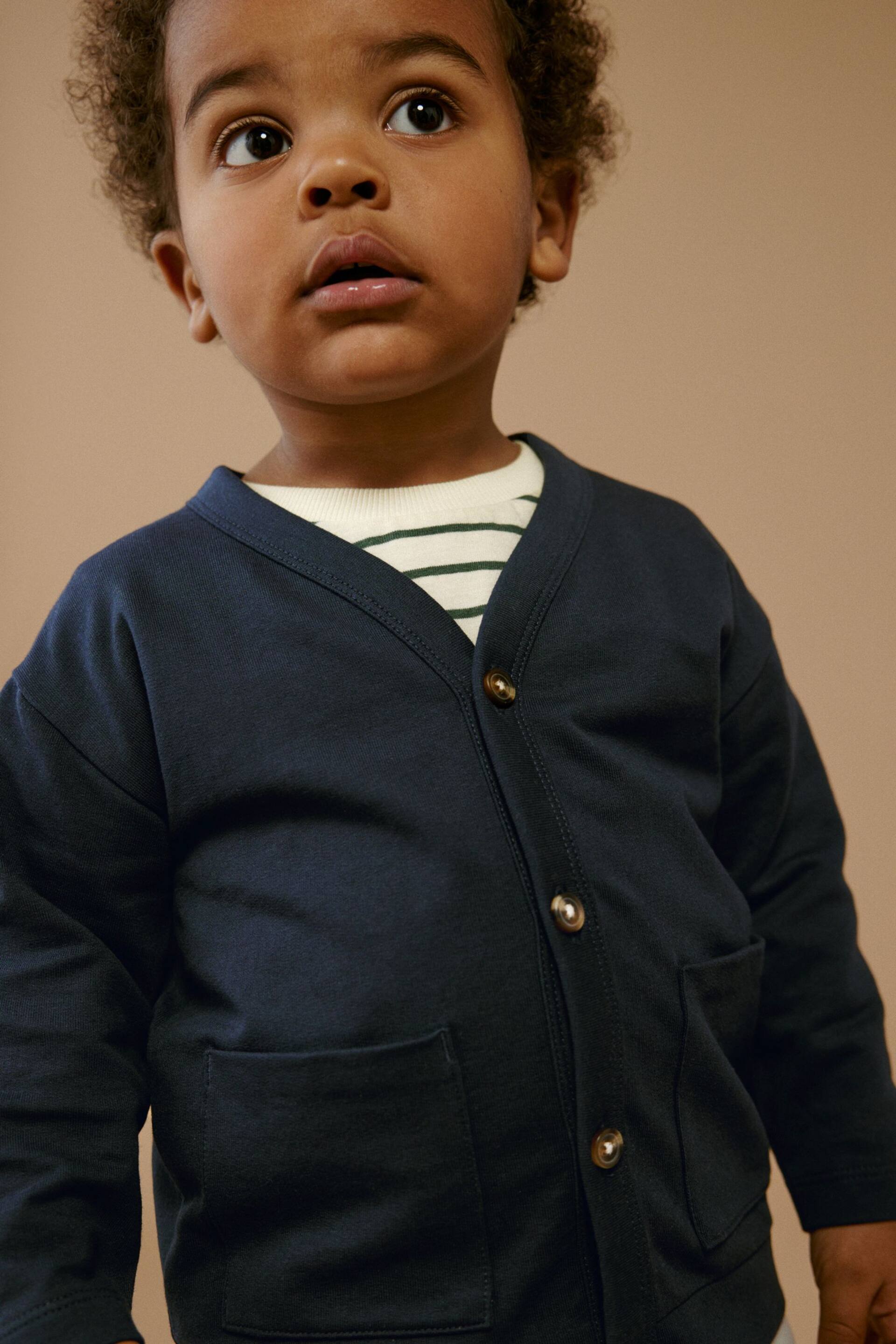 Navy Blue/Stone Brown Jersey Cardigan And Joggers 3 Piece Set (3mths-7yrs) - Image 5 of 12