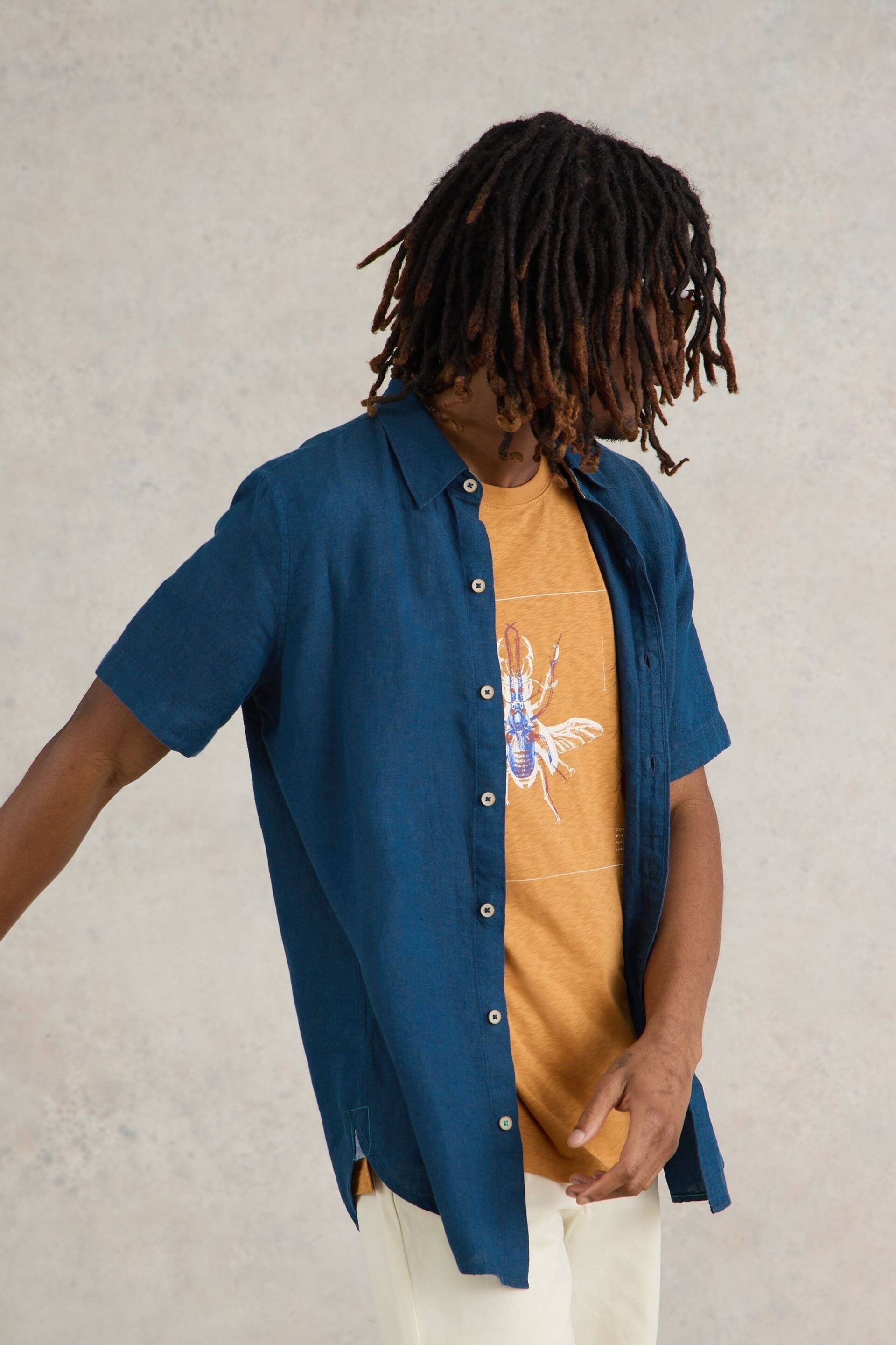 White Stuff Blue Camo Pembroke Short Sleeve Linen Shirt - Image 2 of 6