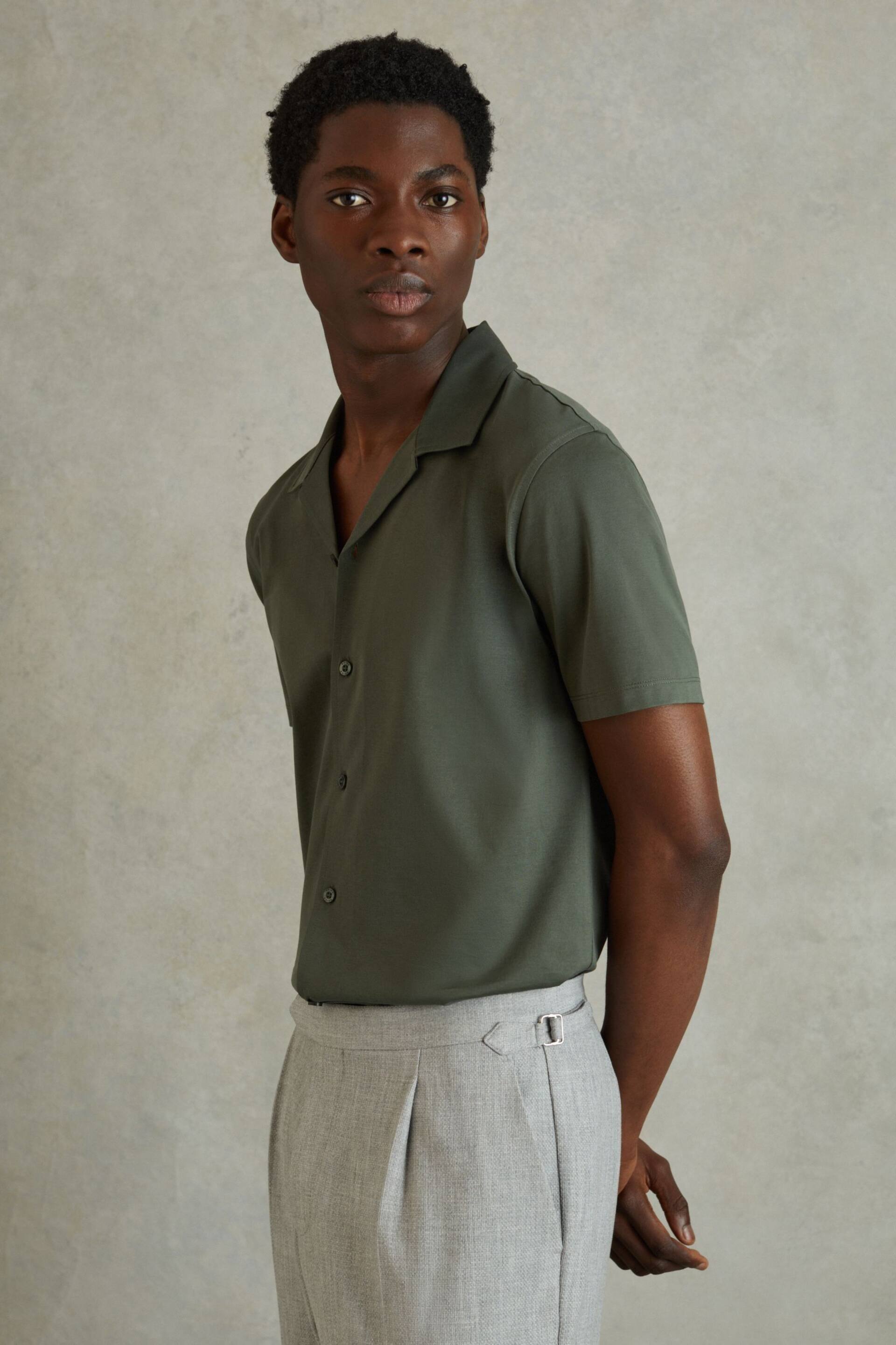 Reiss Hunting Green Caspa Mercerised Jersey Cuban Collar Shirt - Image 1 of 5