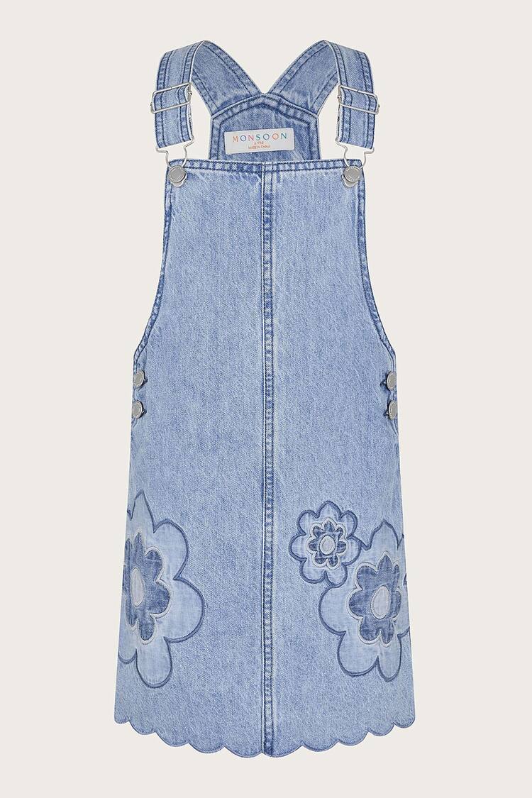 Monsoon Blue 100% Cotton Denim Flower Pinafore - Image 1 of 3