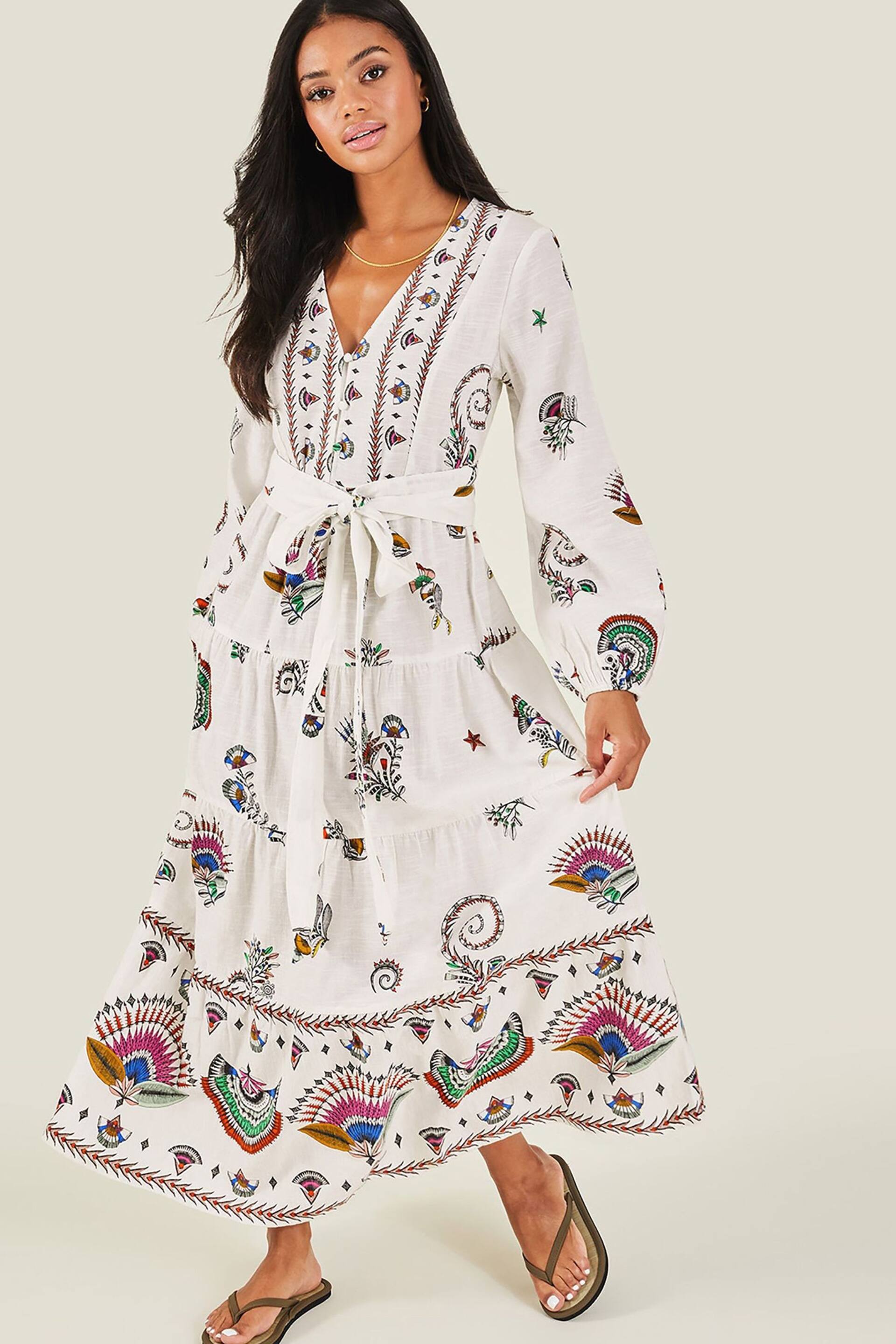 Accessorize Natural Fan Print Long Sleeve Tiered Dress - Image 1 of 4