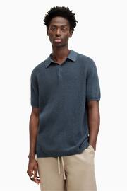 AllSaints Blue Aspen Short Sleeve Polo Shirt - Image 1 of 6