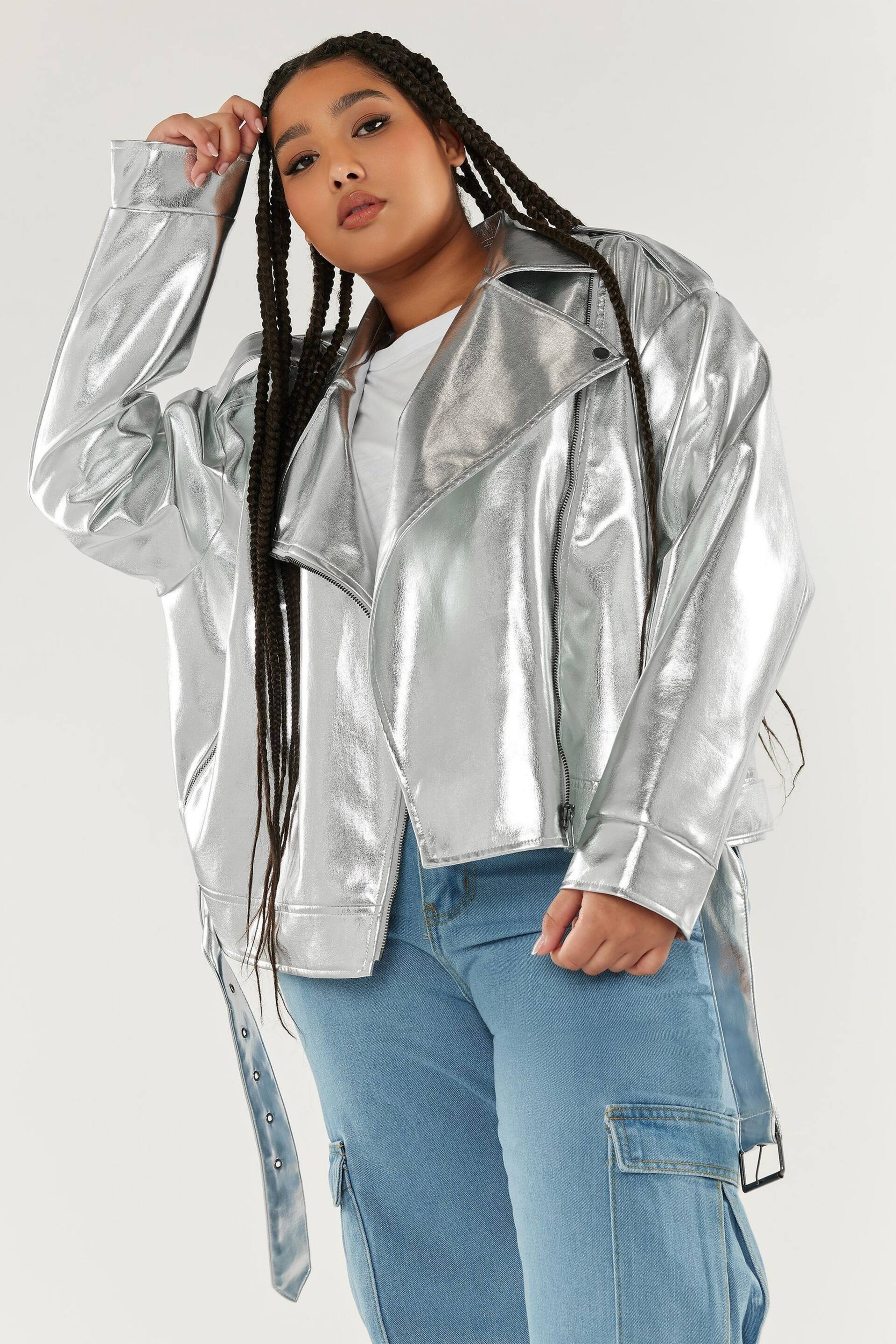 Silver Metallic Biker Jacket - Image 1 of 2