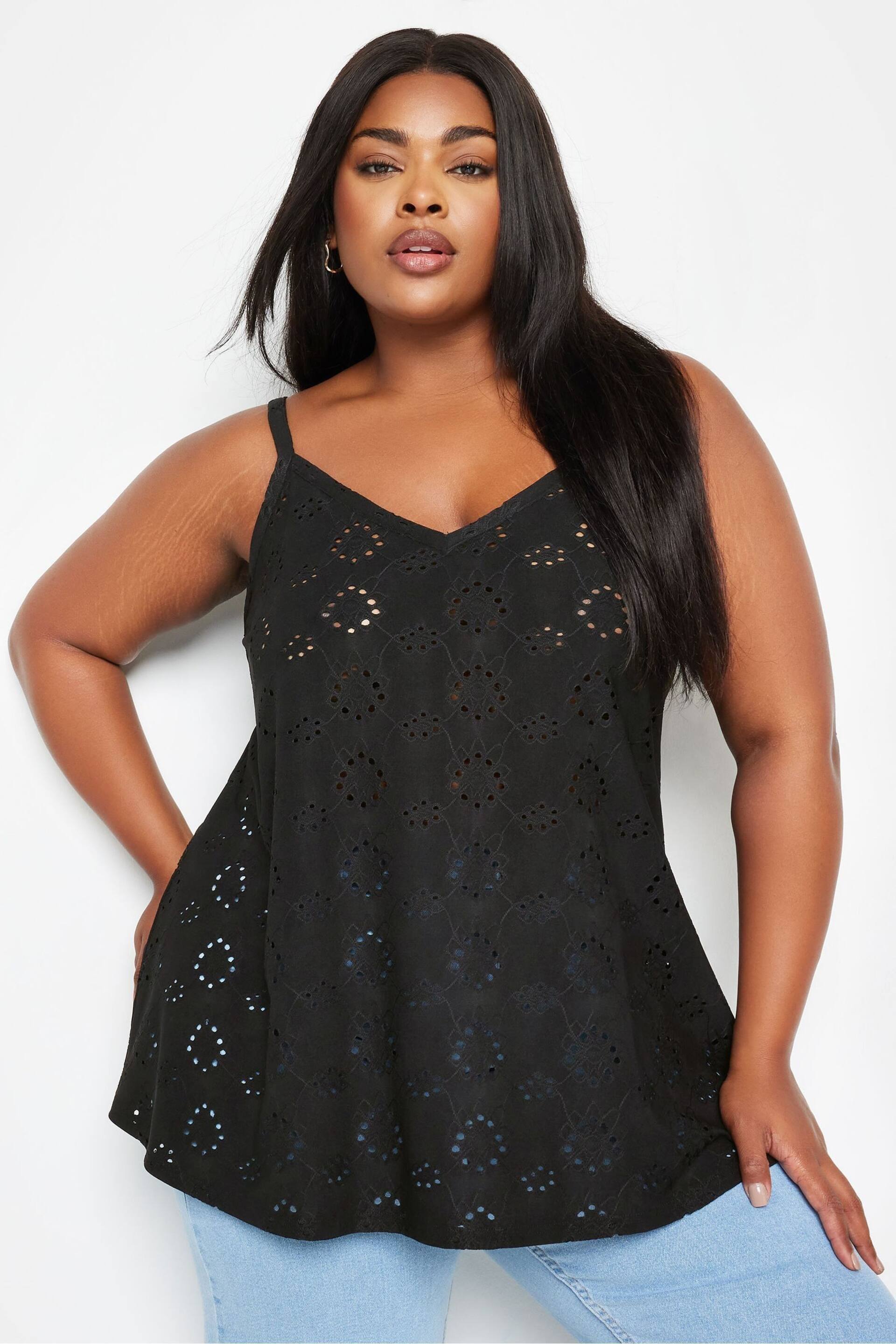 Yours Curve Black Broderie Cami - Image 1 of 5