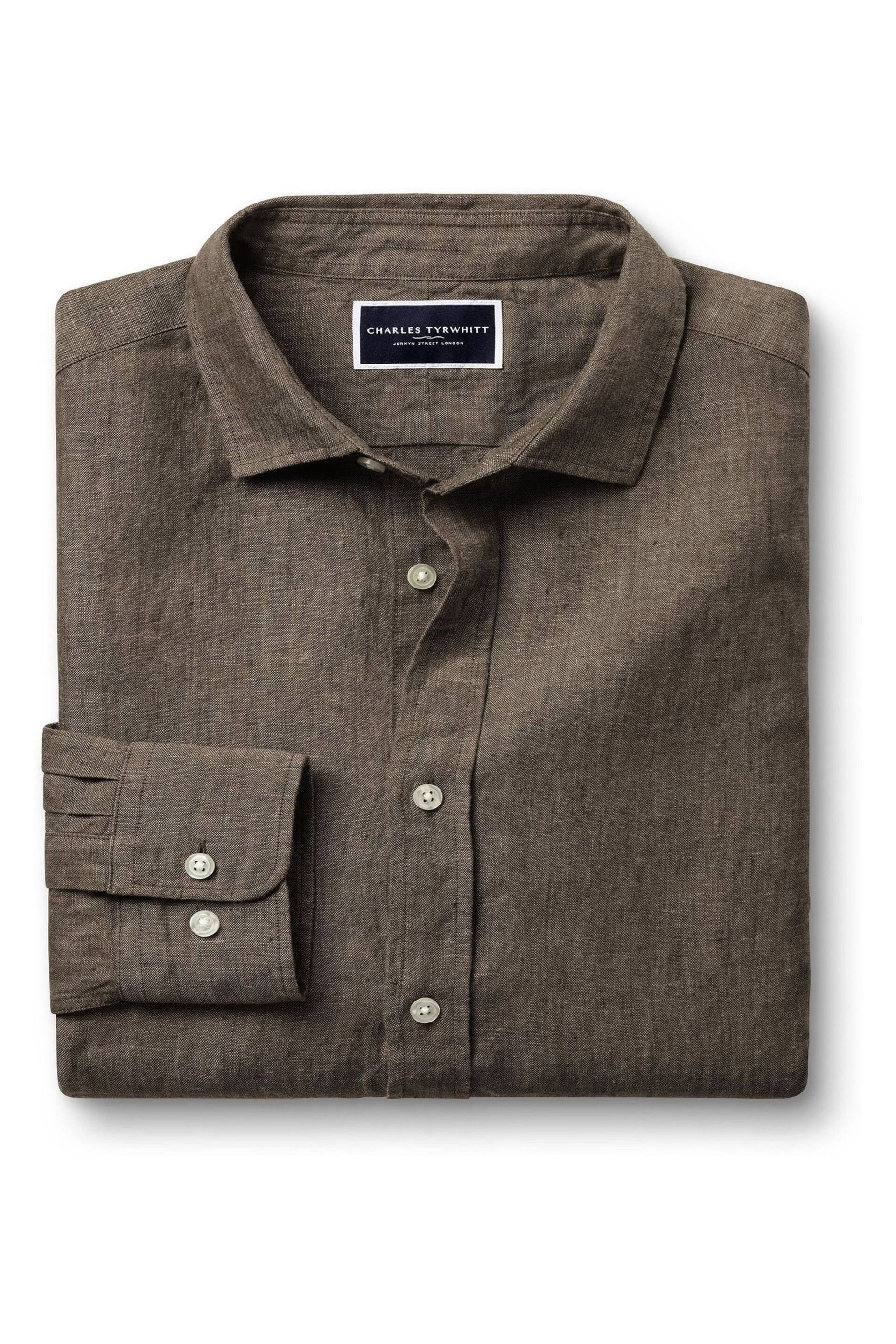 Charles Tyrwhitt Brown/Cream Slim Fit Plain Short Sleeve Pure Linen Full Sleeves Shirt - Image 4 of 6
