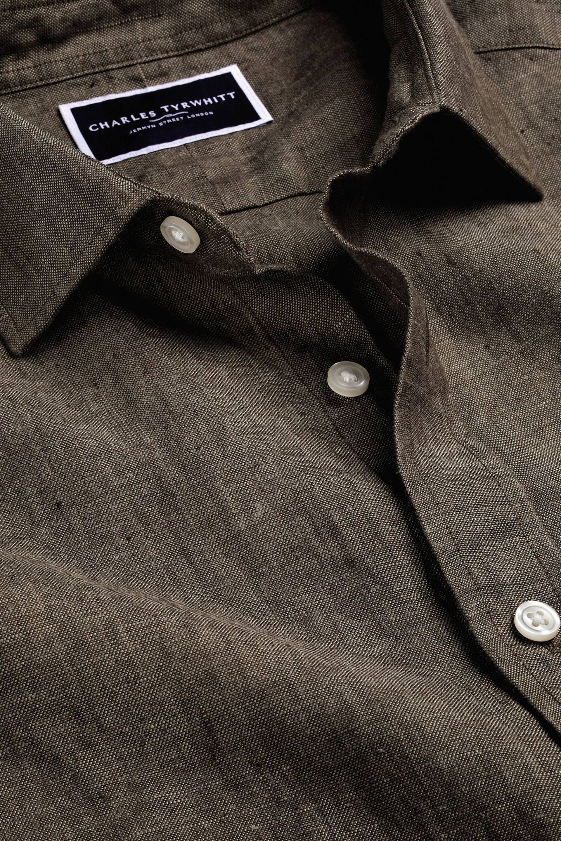 Charles Tyrwhitt Brown/Cream Slim Fit Plain Short Sleeve Pure Linen Full Sleeves Shirt - Image 5 of 6