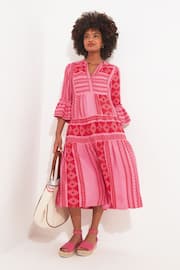 Joe Browns Pink Petite Oversized Boho Style Textured Long Sleeve Midi Dress - Image 2 of 5